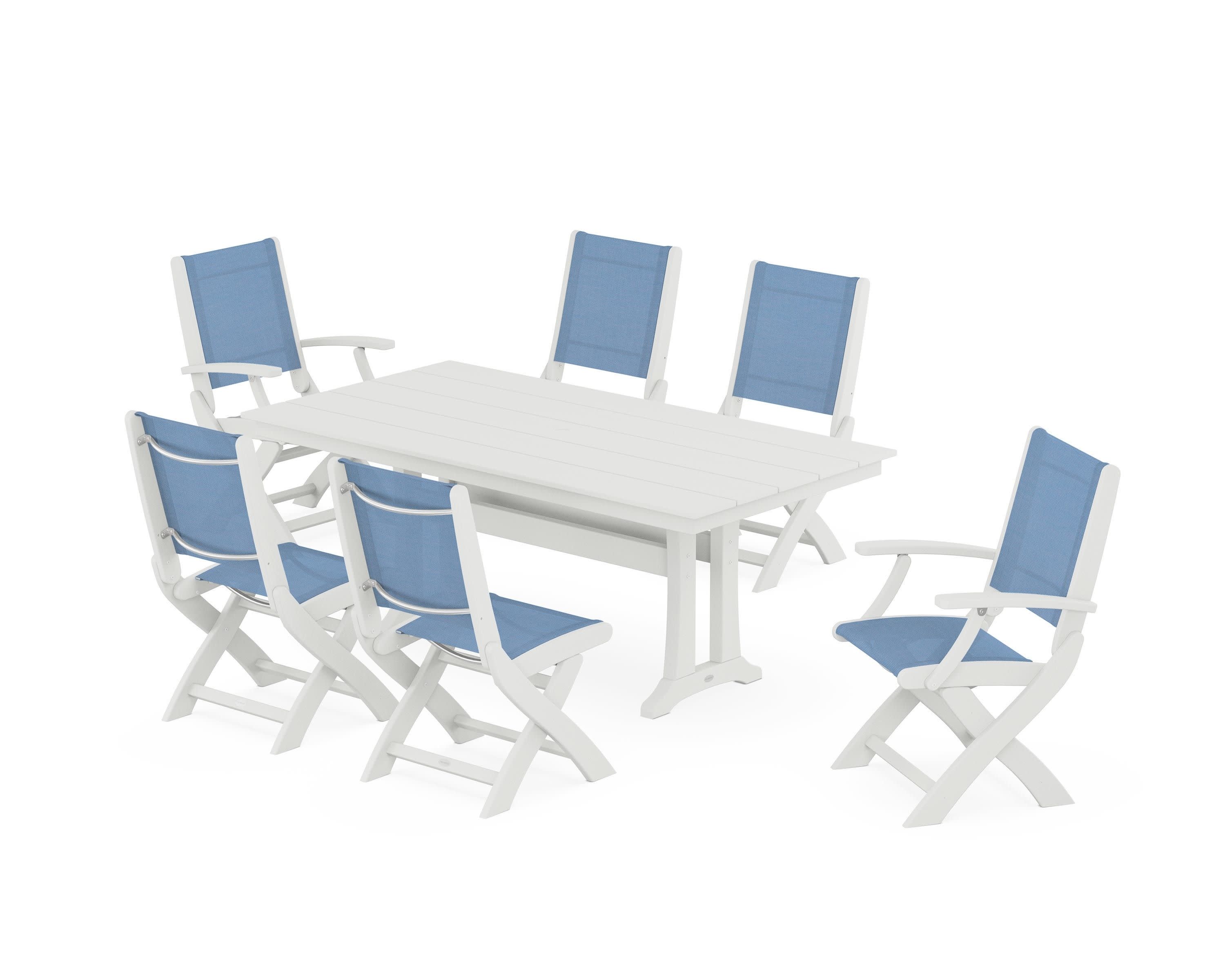 Coastal Folding Chair 7-Piece Farmhouse Dining Set with Trestle Legs in Vintage White / Poolside Sling