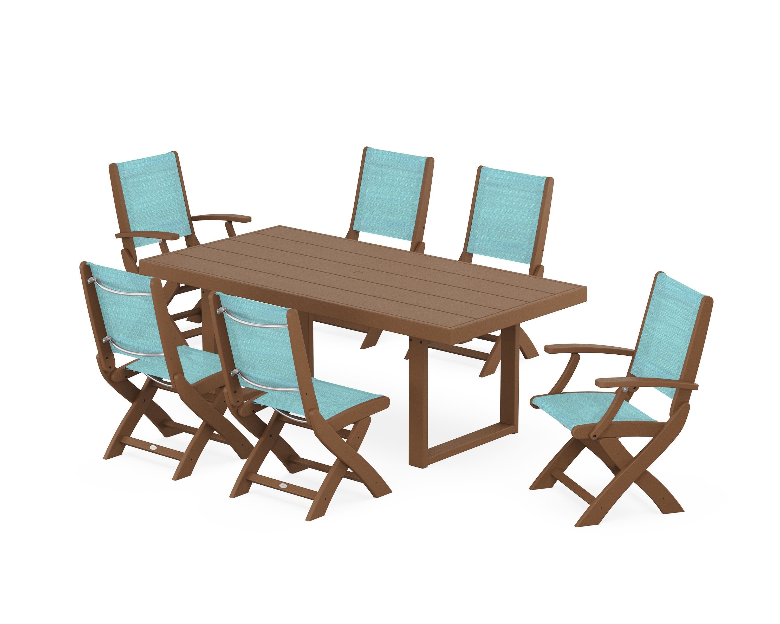 Coastal Folding Chair 7-Piece Dining Set with Trestle Legs in Teak / Dupioni Aquamarine Sling