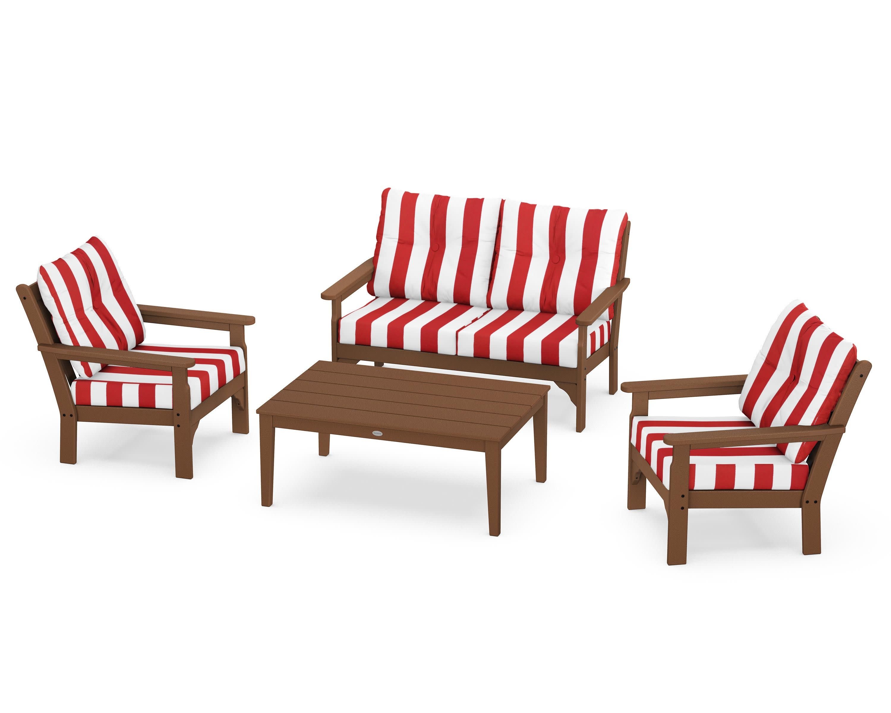 Vineyard 4-Piece Deep Seating Set in Teak / Cabana Stripe Crimson