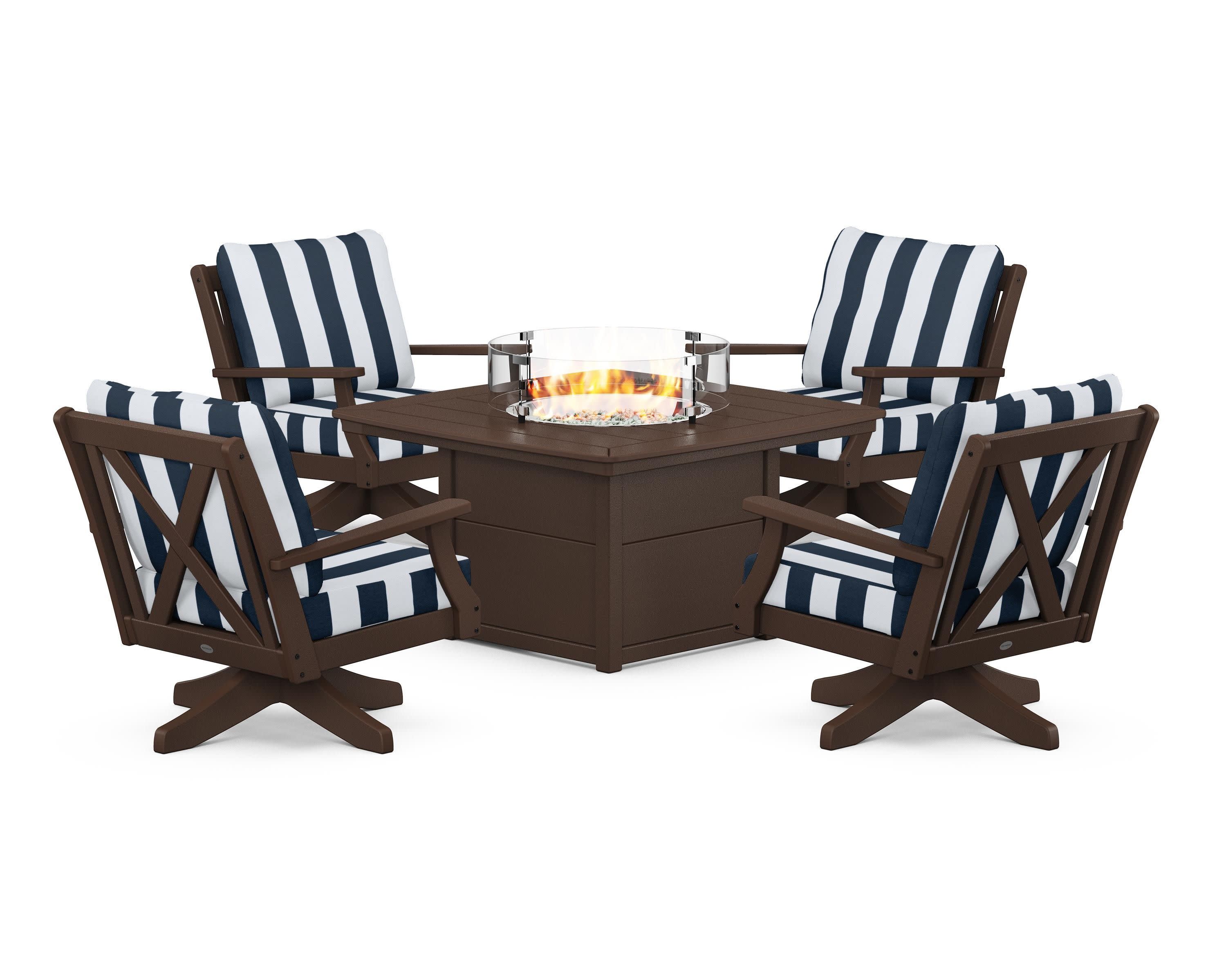 Braxton 5-Piece Deep Seating Swivel Conversation Set with Fire Pit Table in Mahogany / Cabana Stripe Marine Indigo