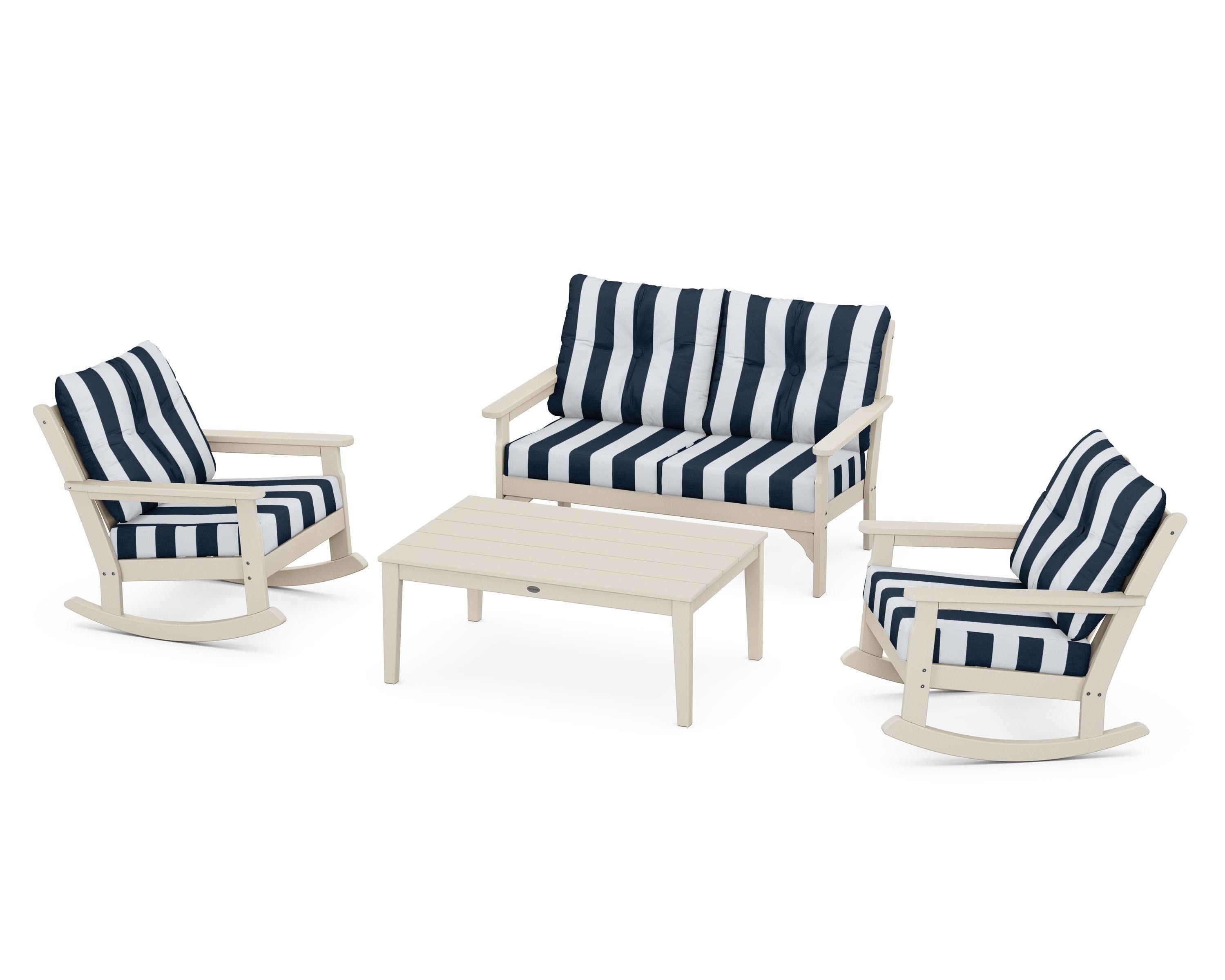 Vineyard 4-Piece Deep Seating Rocking Chair Set in Sand / Cabana Stripe Marine Indigo