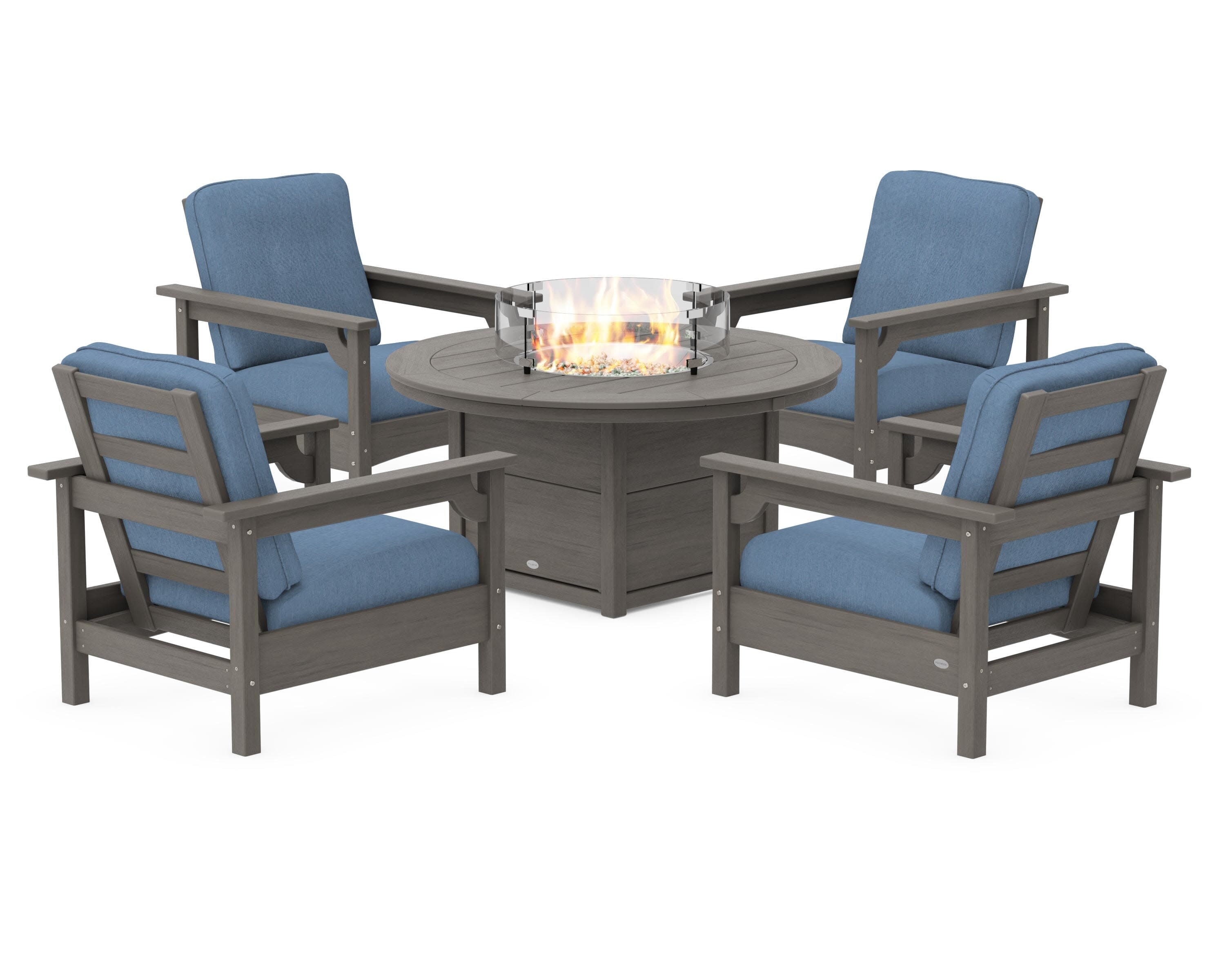 Club 5-Piece Conversation Set with Fire Pit Table in Driftwood / Sky Blue