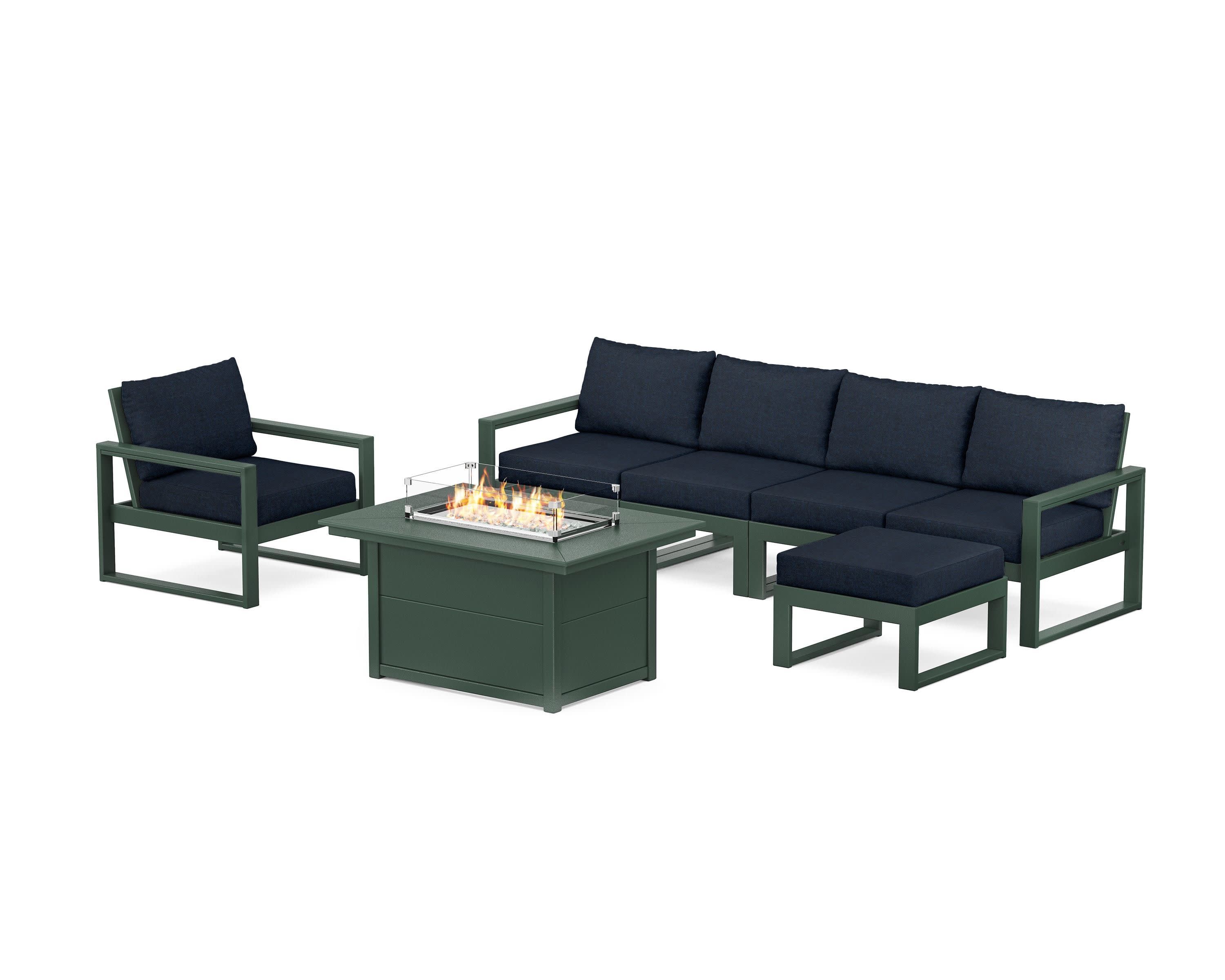 EDGE Sectional Lounge and Fire Pit Set in Green / Marine Indigo