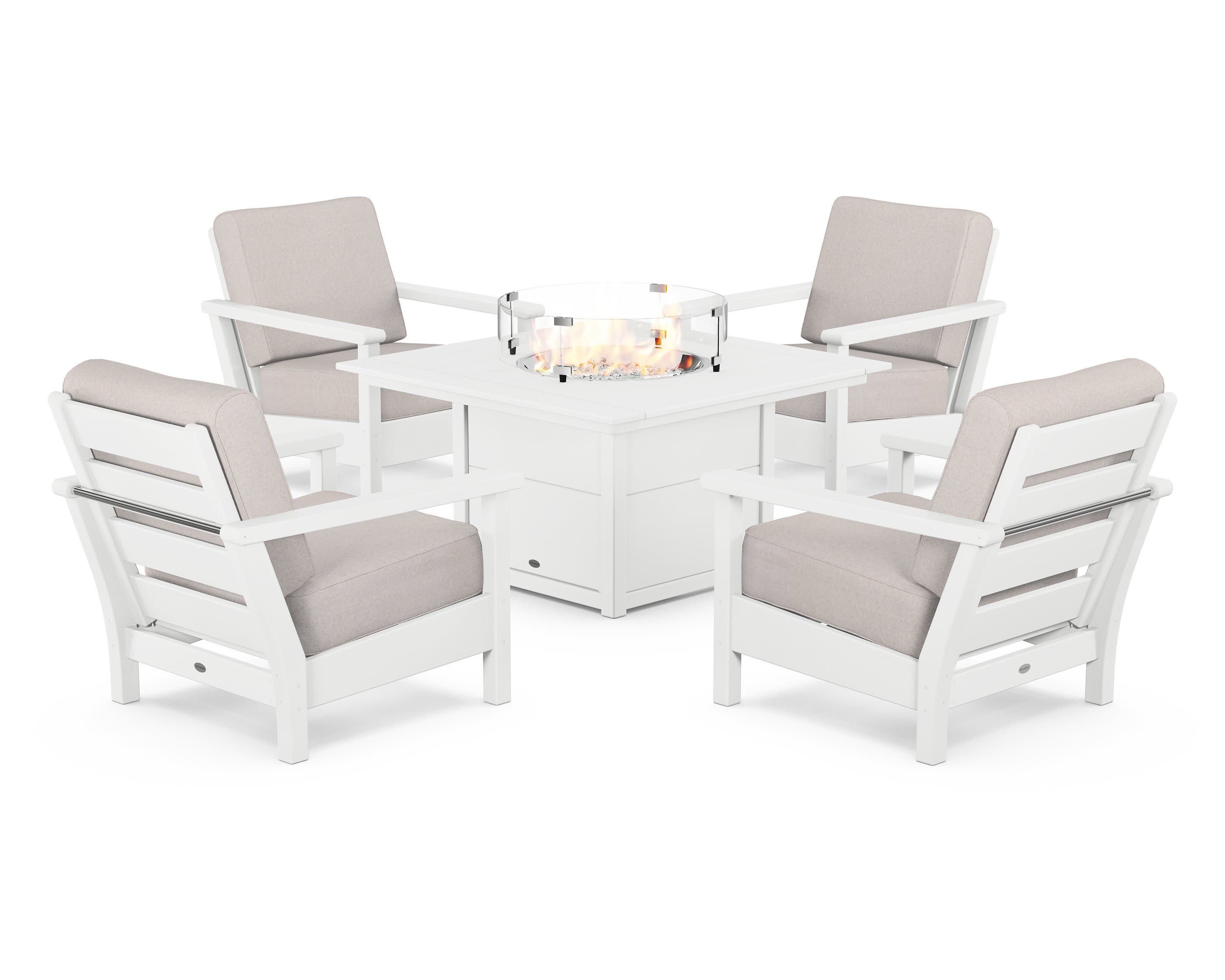 Harbour 5-Piece Conversation Set with Fire Pit Table in White / Dune Burlap