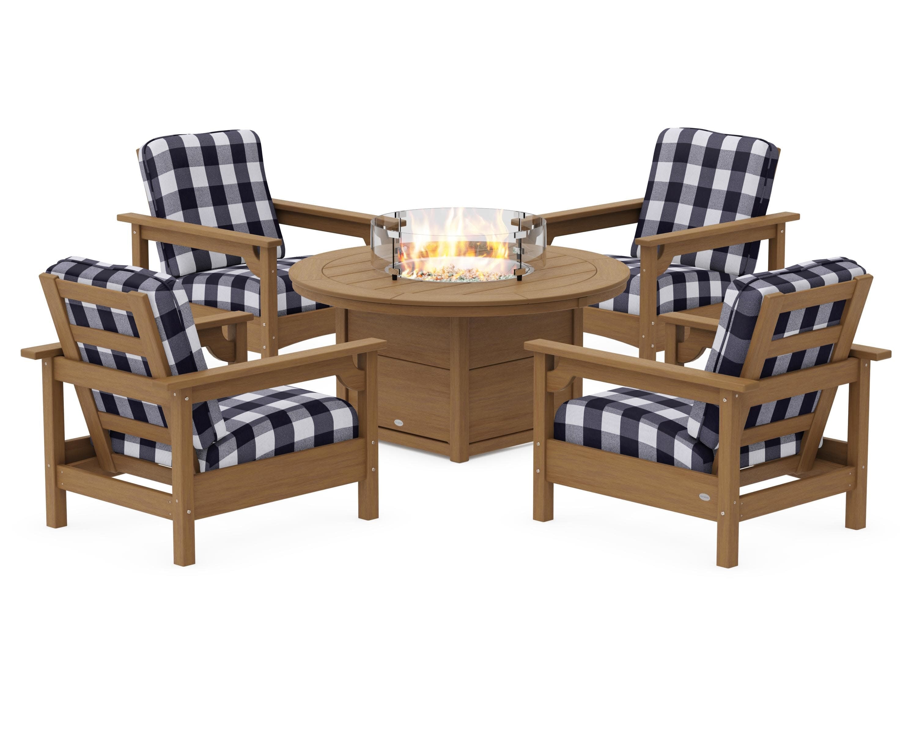 Club 5-Piece Conversation Set with Fire Pit Table in Natural / Buffalo Plaid Navy