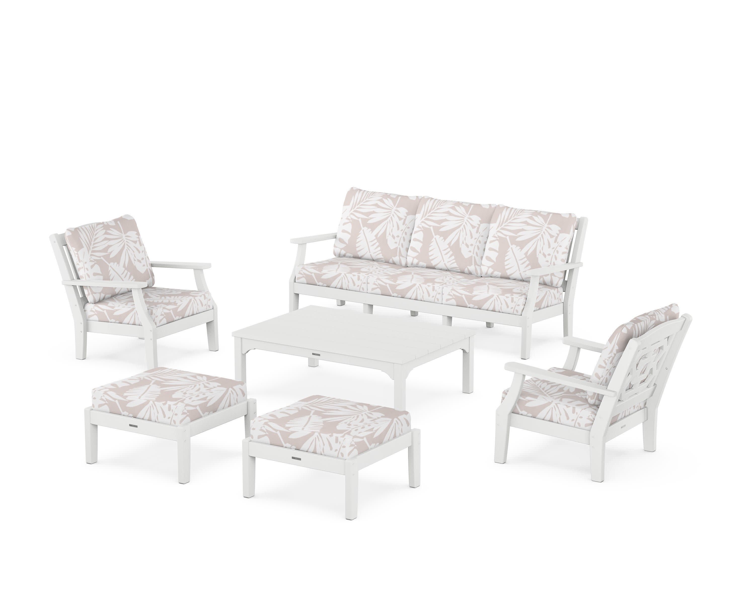 Chinoiserie 6-Piece Lounge Sofa Set in White / Leaf Dune Burlap