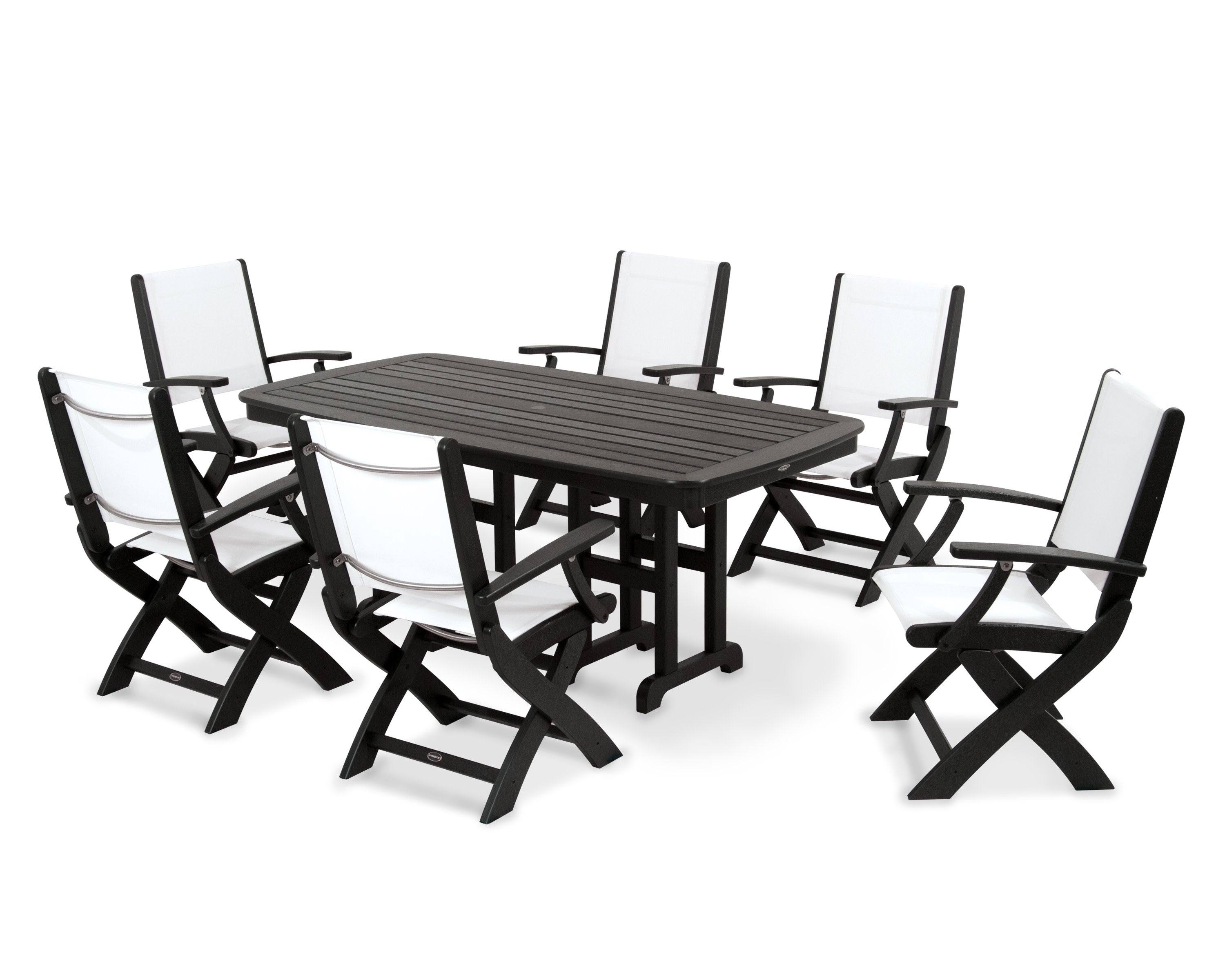 Coastal Folding Arm Chair 7-Piece Dining Set in Black / White Sling
