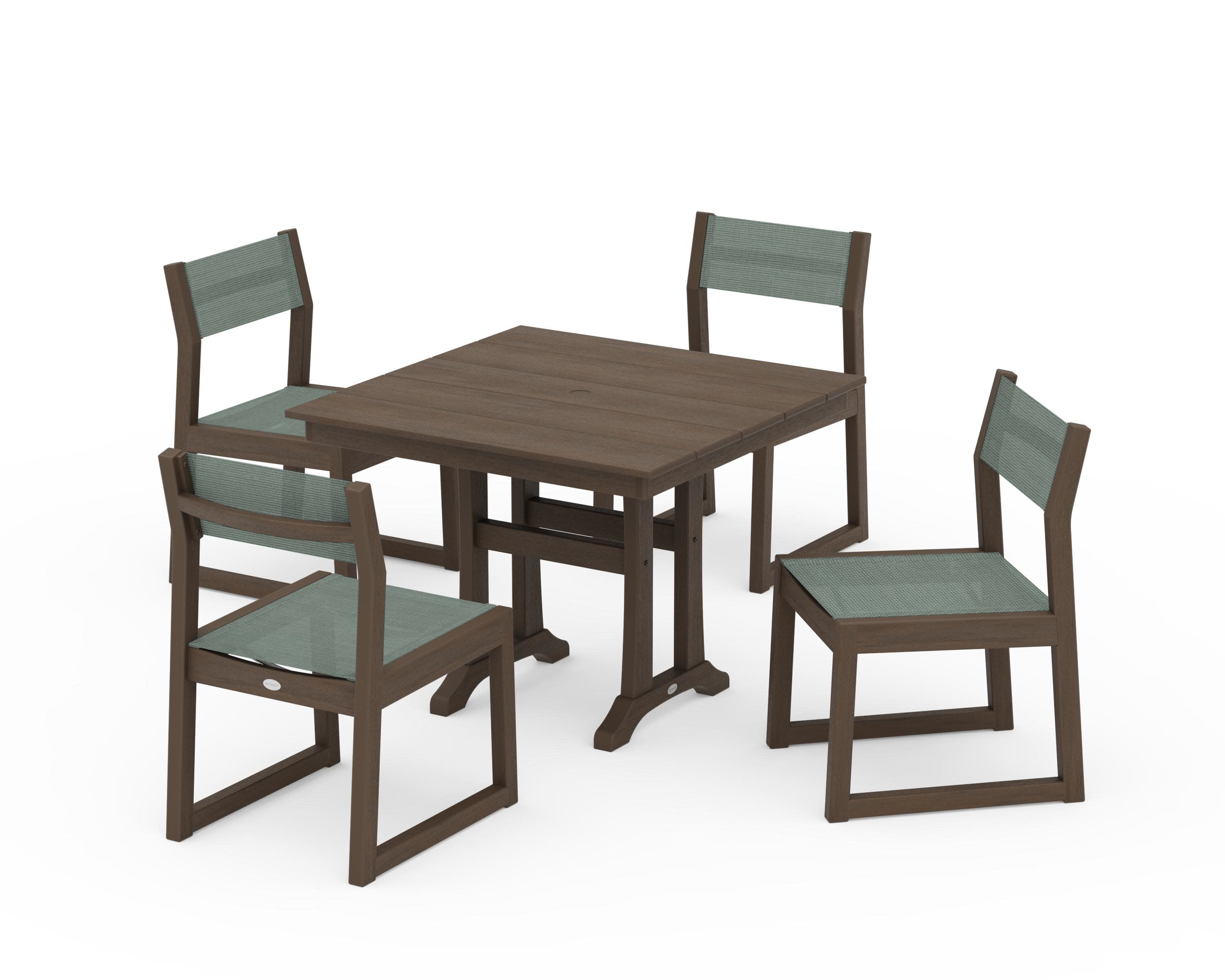 EDGE Sling 5-Piece Farmhouse Trestle Side Chair Dining Set in Kona / Dupioni Sea Mist Sling