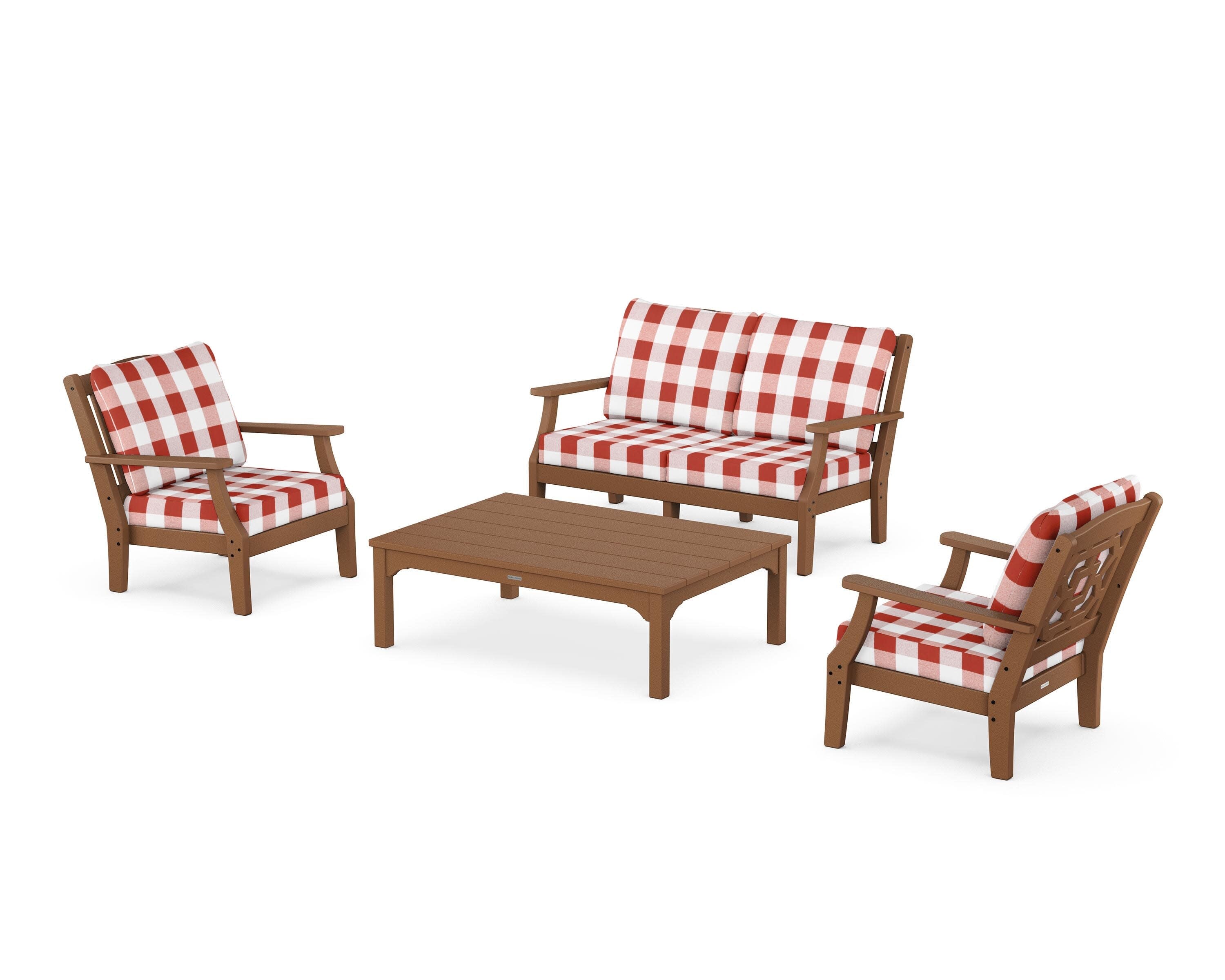 Chinoiserie 4-Piece Deep Seating Set with Loveseat in Teak / Buffalo Plaid Crimson
