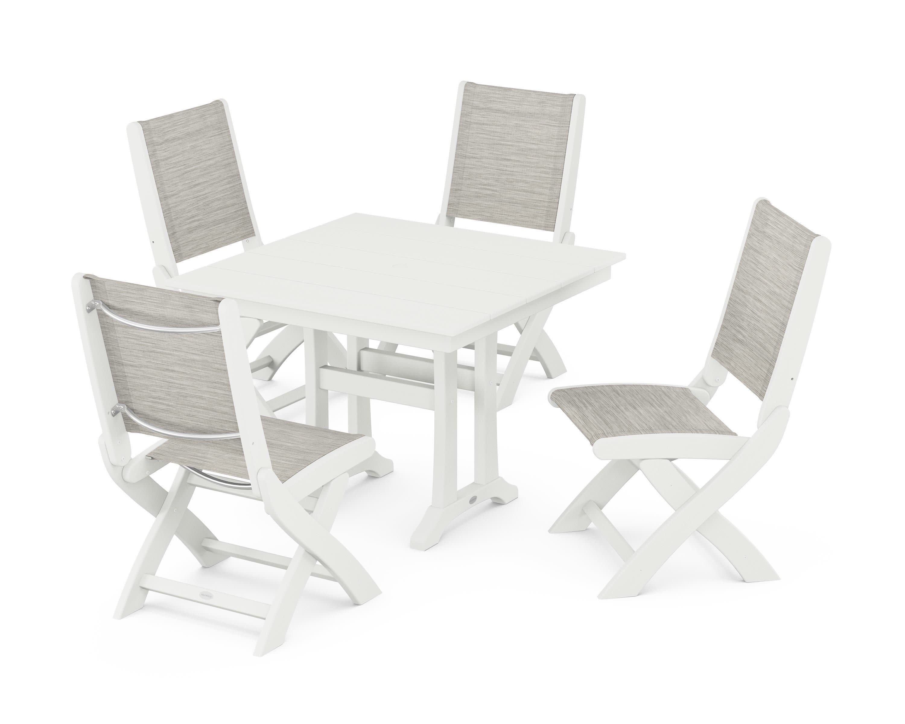 Coastal Folding Side Chair 5-Piece Farmhouse Dining Set With Trestle Legs in Vintage White / Birch Sling