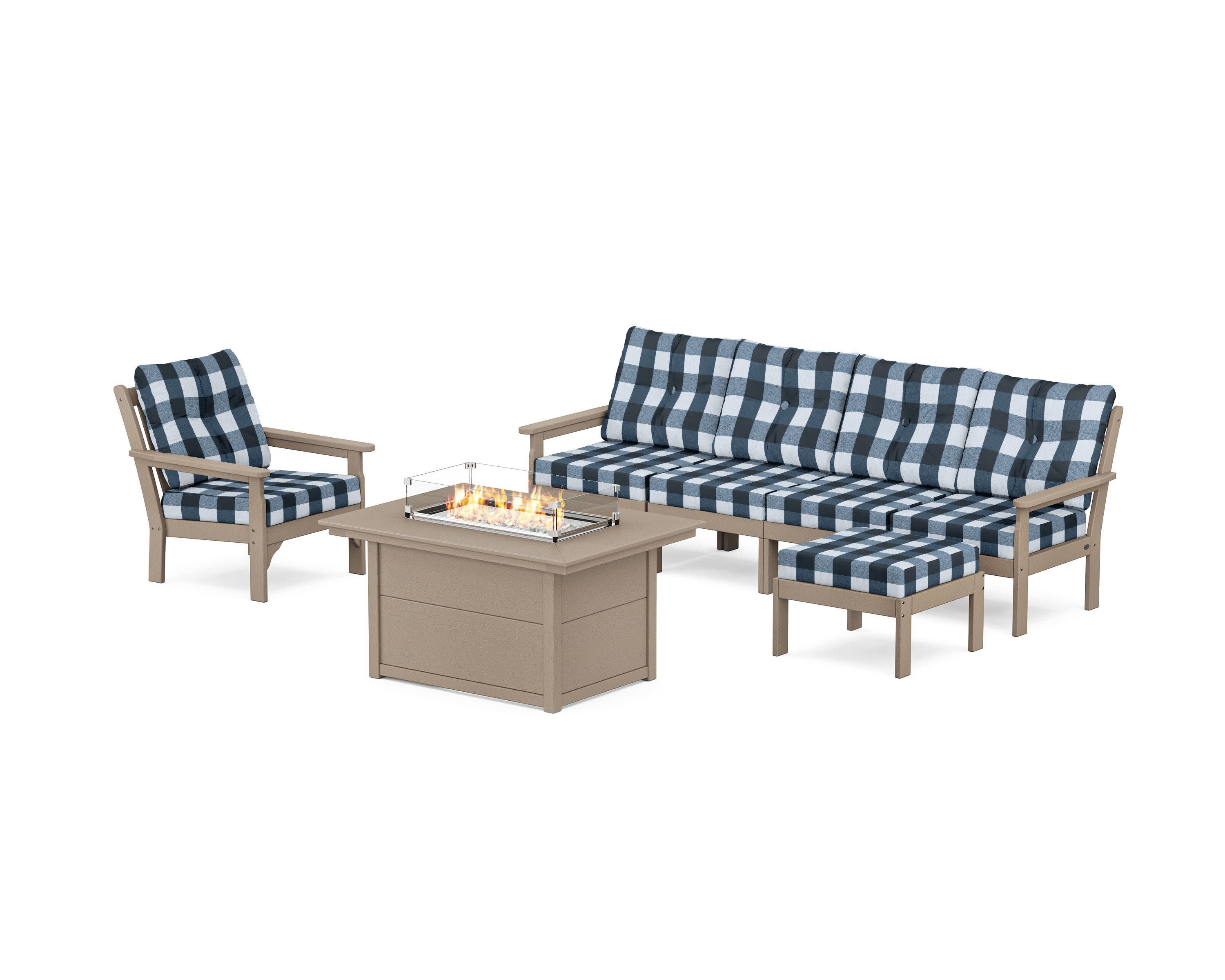 Vineyard Sectional Lounge and Fire Pit Set in Vintage Sahara / Buffalo Plaid Marine Indigo