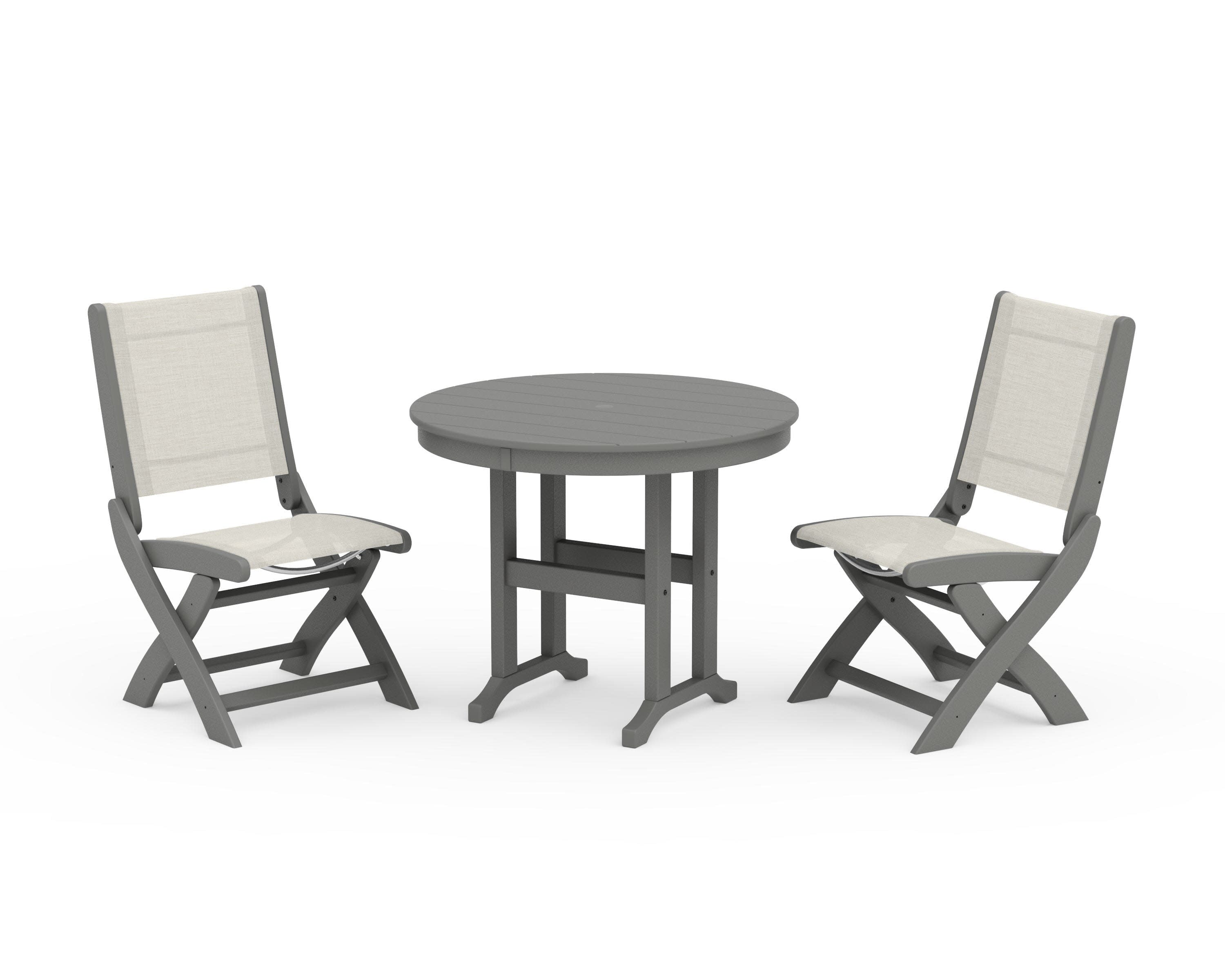 Coastal Folding Side Chair 3-Piece Round Dining Set in Slate Grey / Parchment Sling