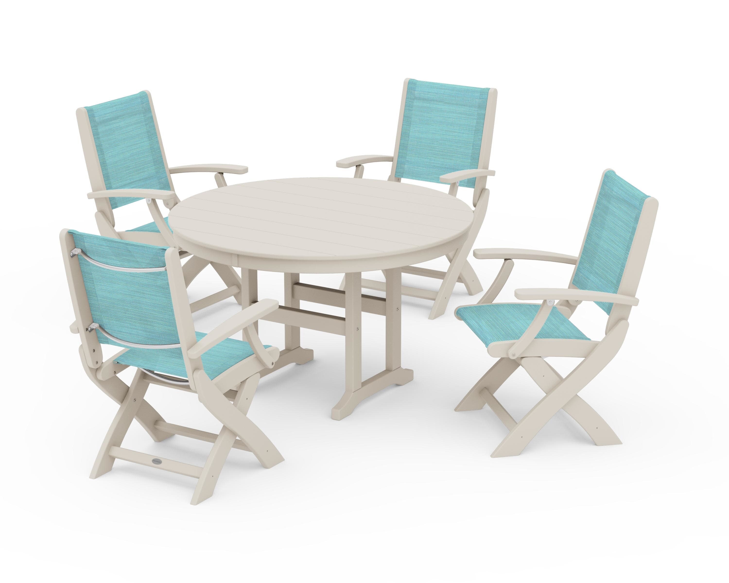 Coastal Folding Chair 5-Piece Round Dining Set in Sand / Dupioni Aquamarine Sling