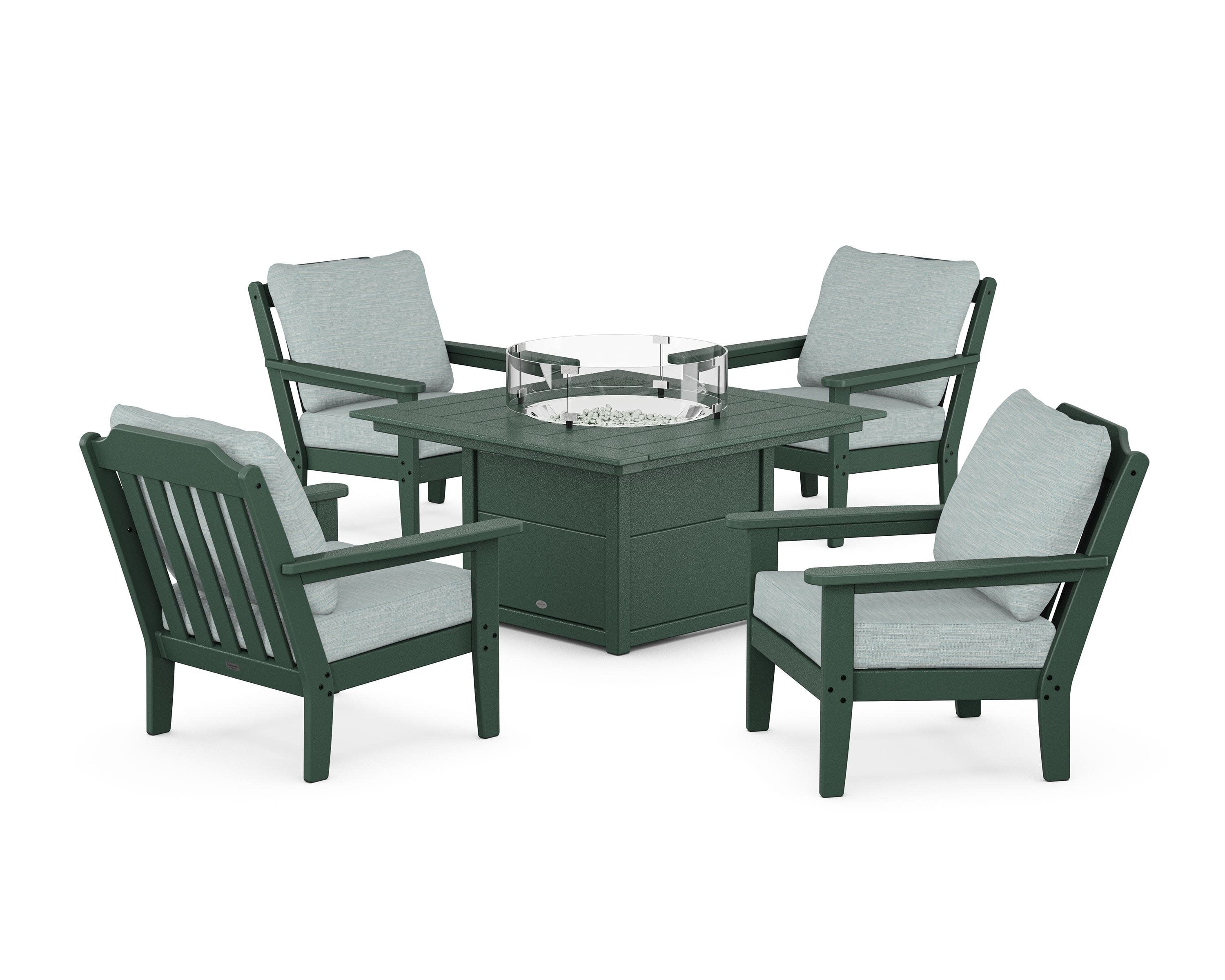 Cottage 5-Piece Deep Seating Set with Fire Pit Table in Green / Soothe Mist