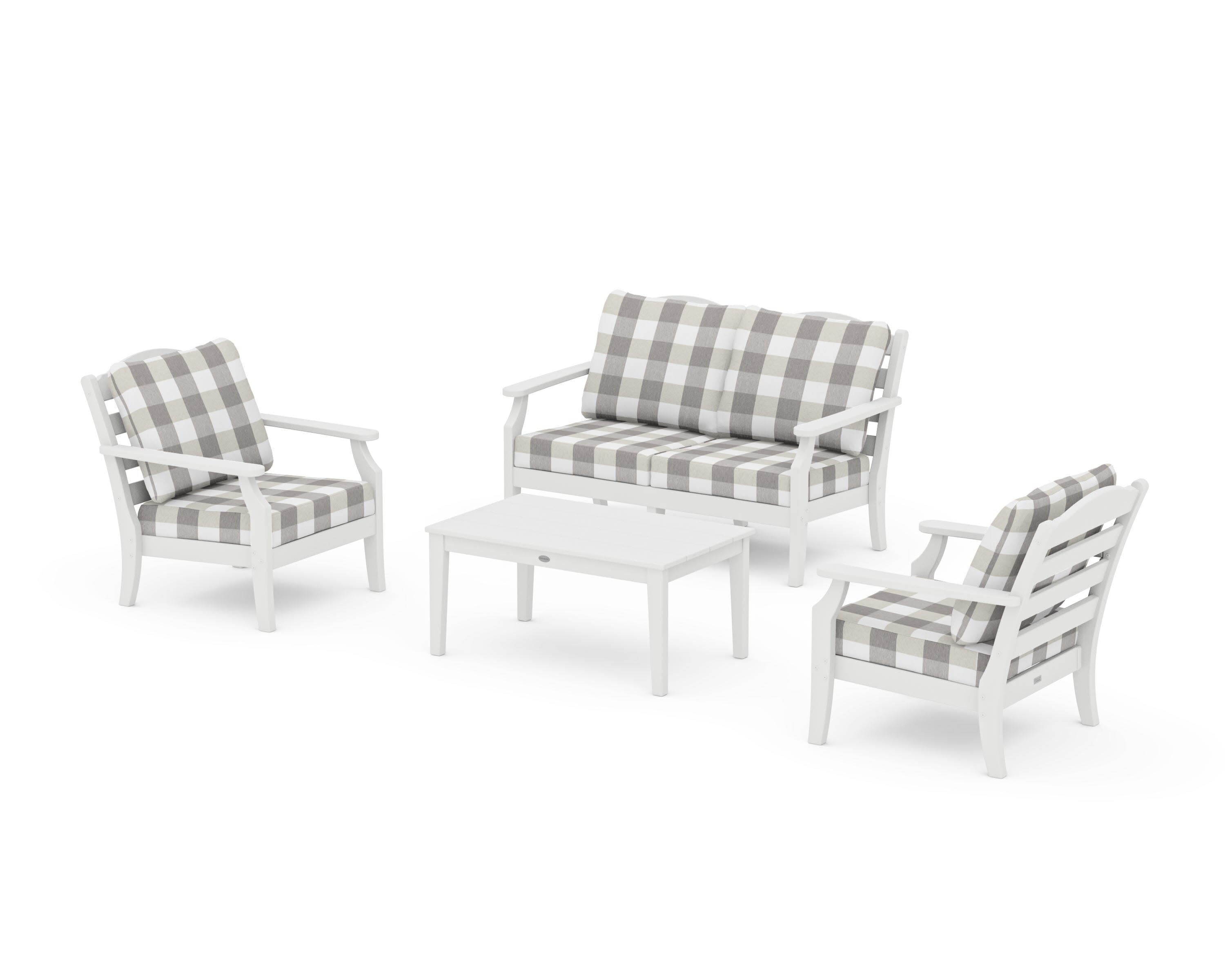 Savannah 4-Piece Deep Seating Set with Loveseat in White / Buffalo Plaid Grey Mist