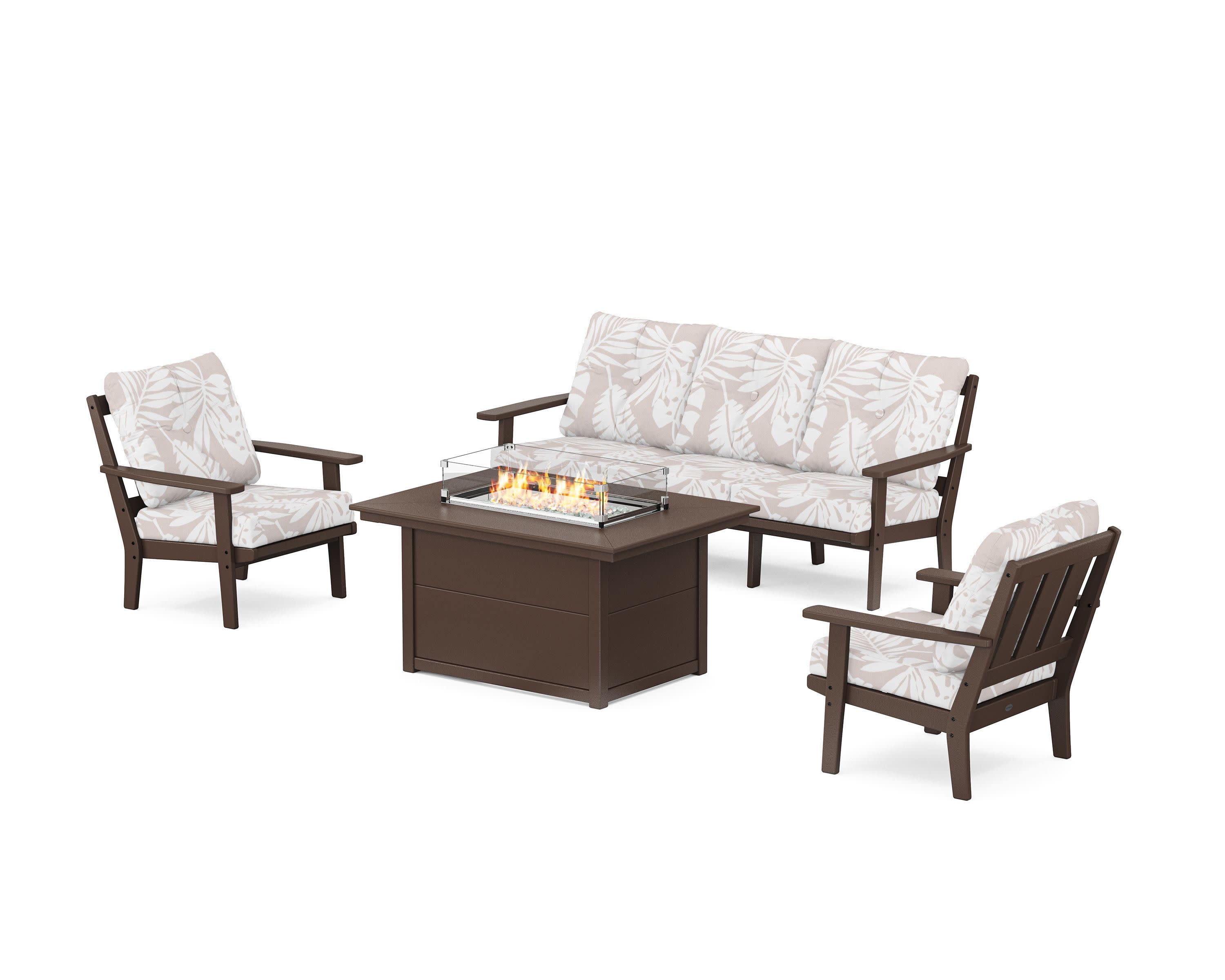 Oxford Deep Seating Fire Pit Table Set in Mahogany / Leaf Dune Burlap
