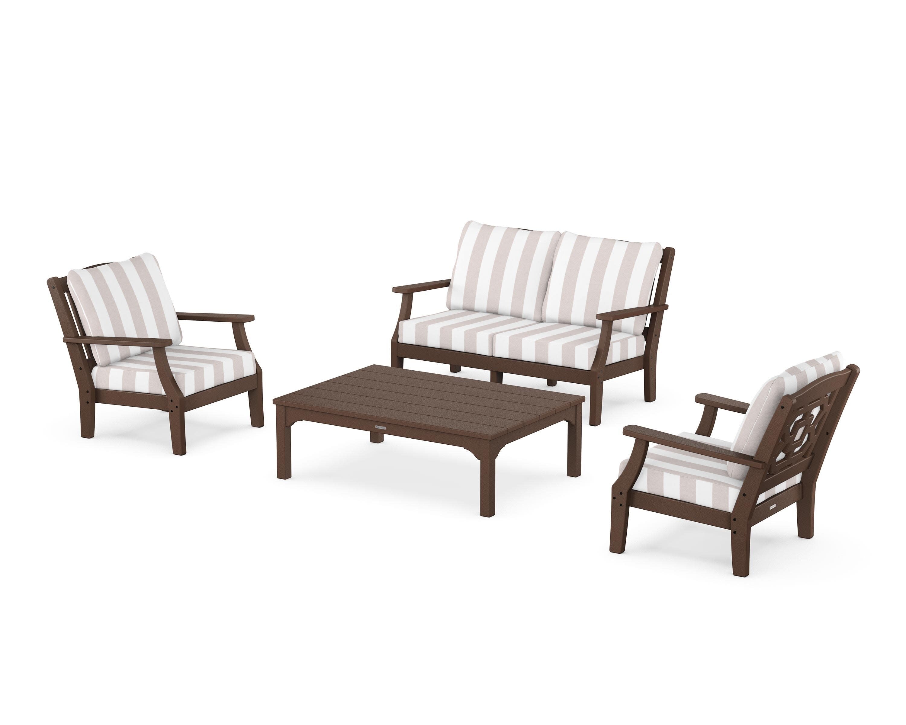 Chinoiserie 4-Piece Deep Seating Set with Loveseat in Mahogany / Cabana Stripe Dune Burlap