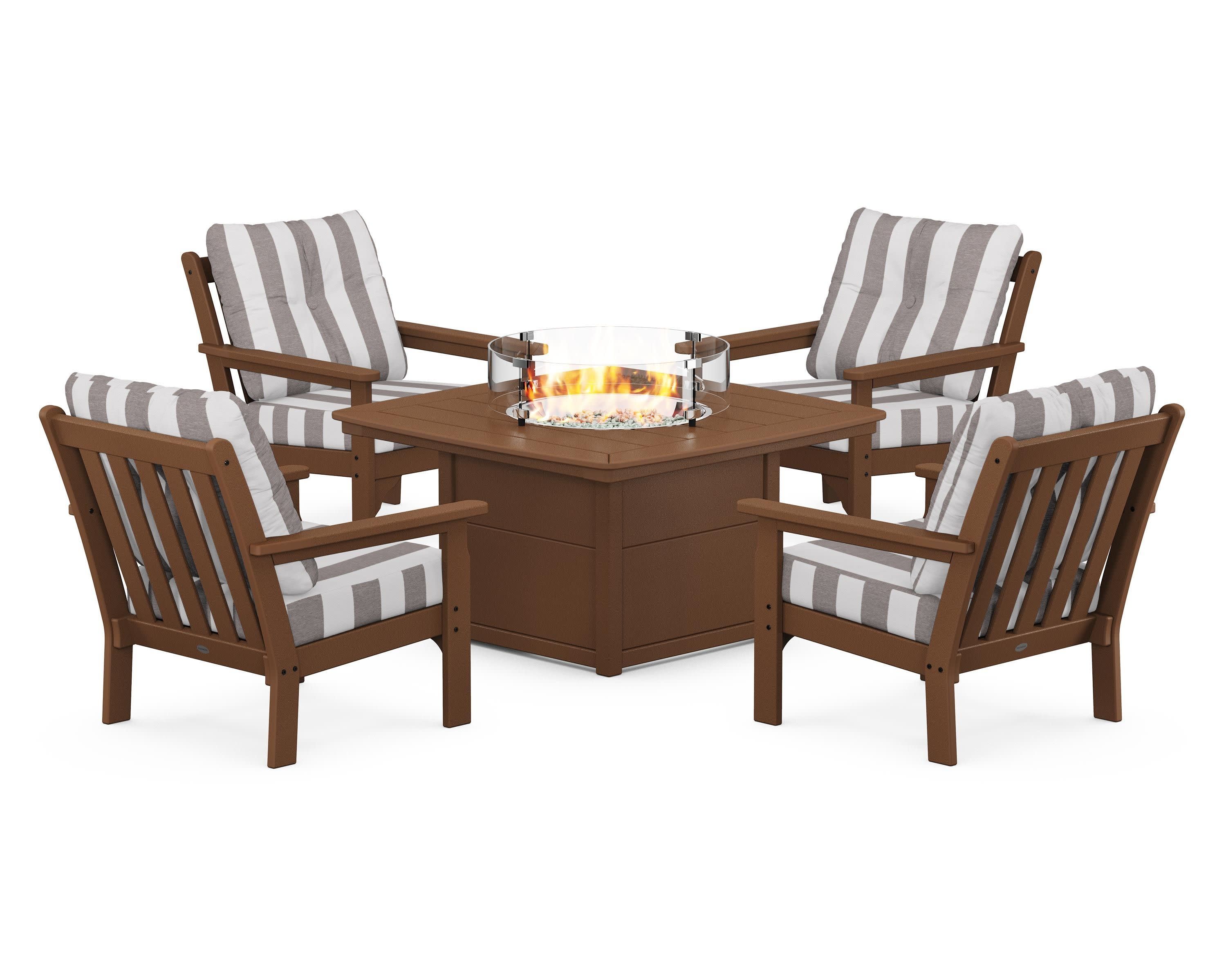 Vineyard 5-Piece Conversation Set with Fire Pit Table in Teak / Cabana Stripe Grey Mist