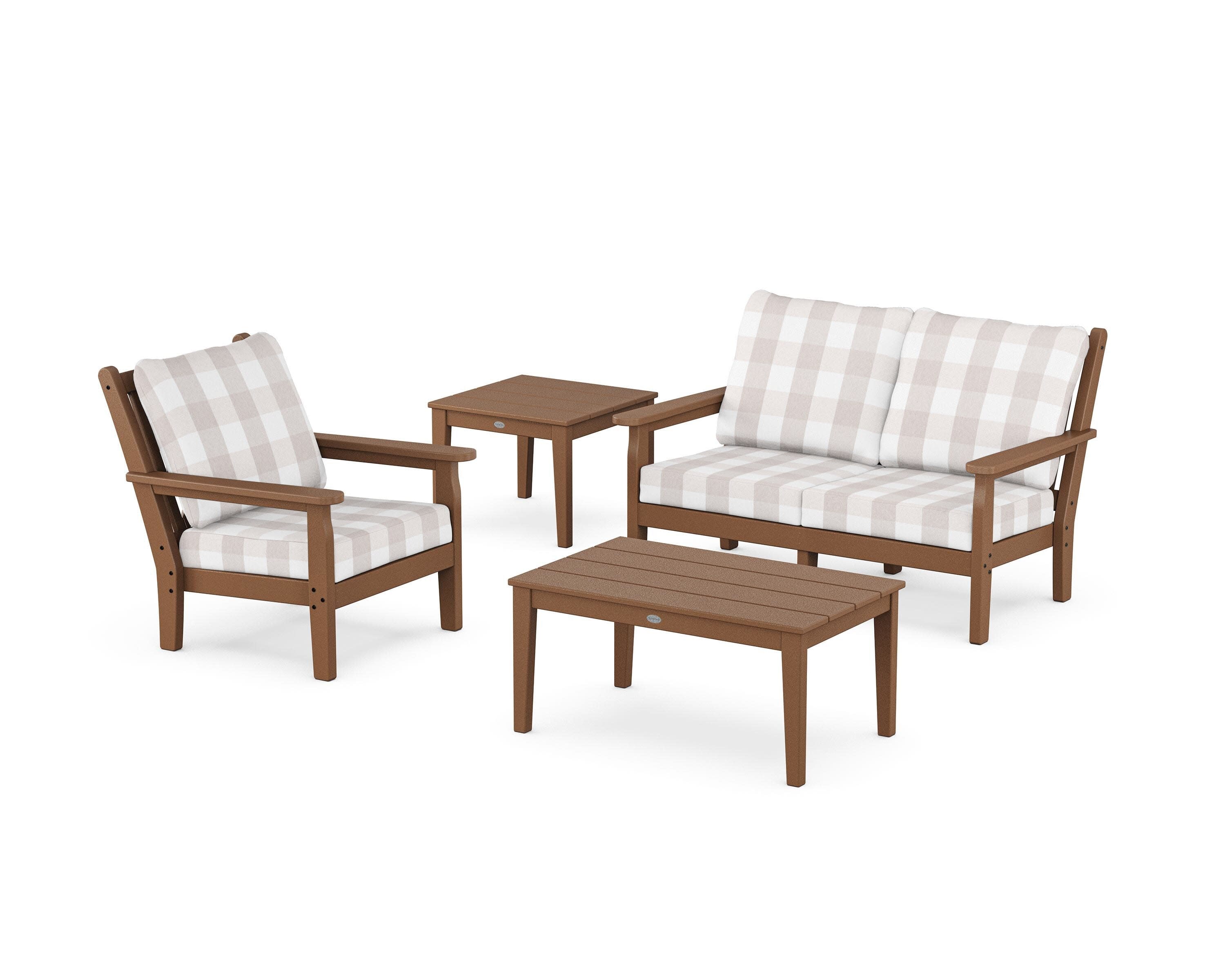 Chippendale 4-Piece Deep Seating Set in Teak / Buffalo Plaid Dune Burlap