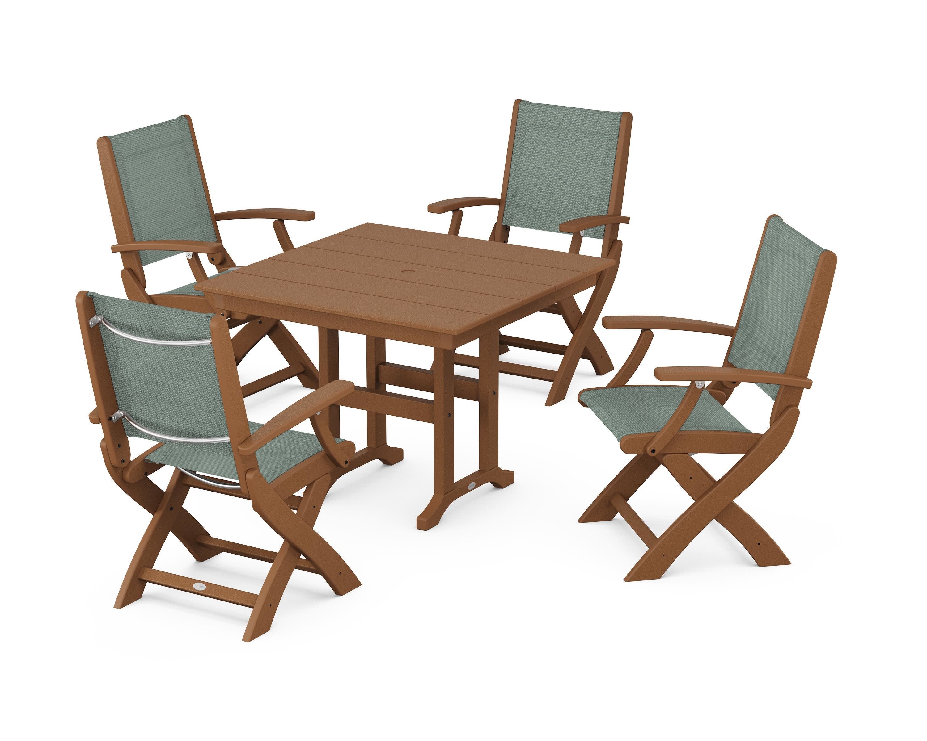 Coastal Folding Chair 5-Piece Farmhouse Dining Set in Teak / Dupioni Sea Mist Sling