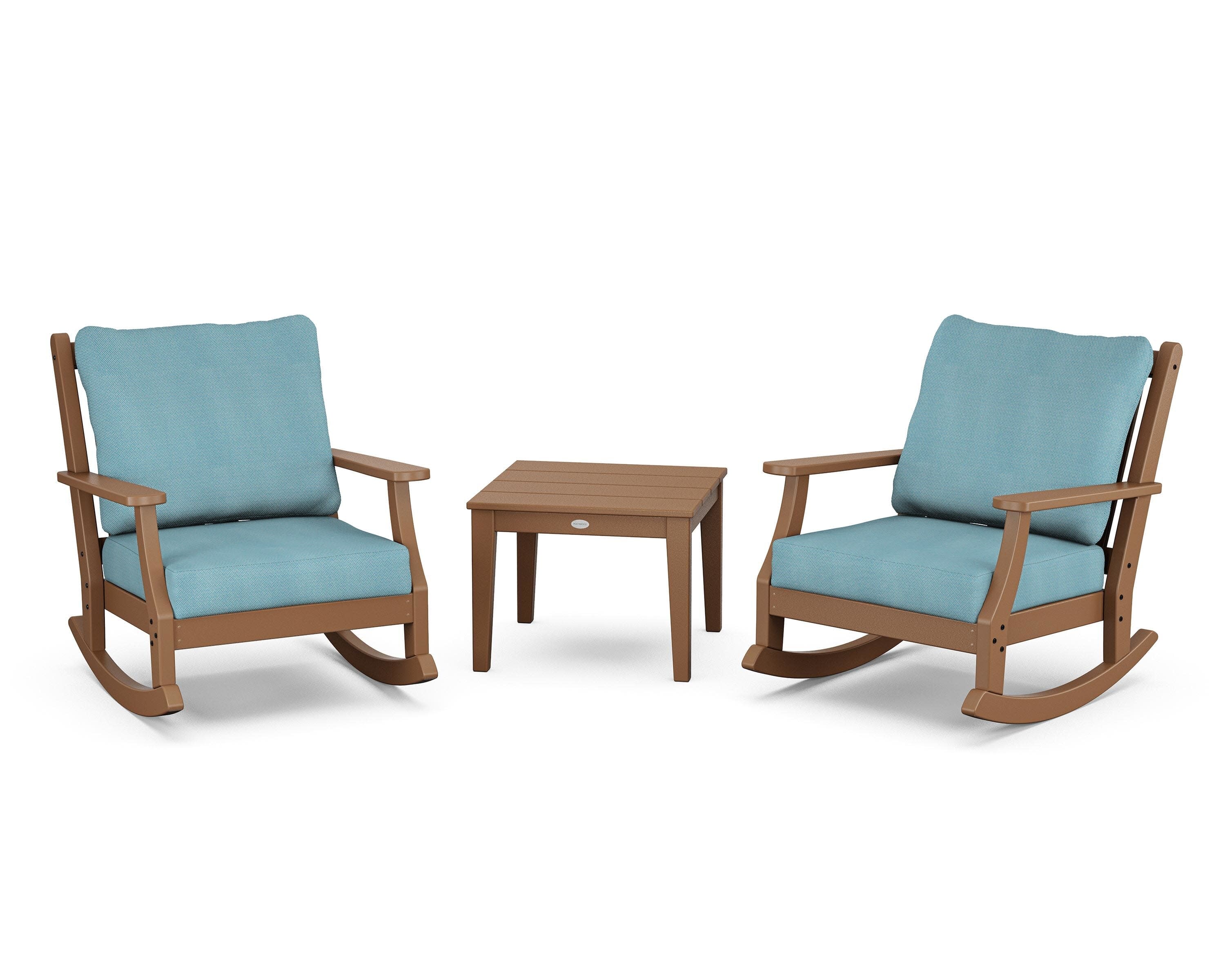 Wovendale 3-Piece Deep Seating Rocker Set in Teak / Lattice Sky Blue