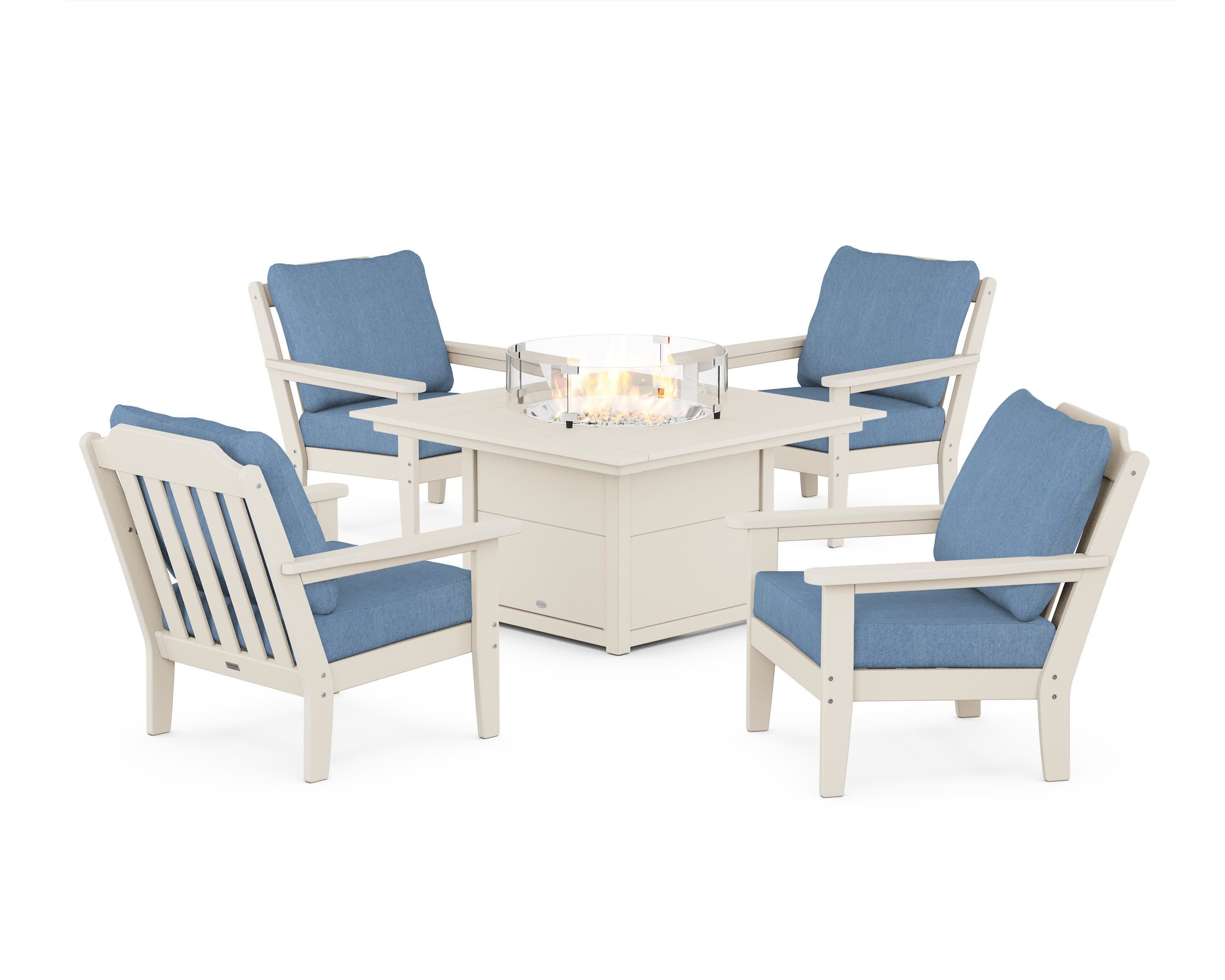 Cottage 5-Piece Deep Seating Set with Fire Pit Table in Sand / Sky Blue