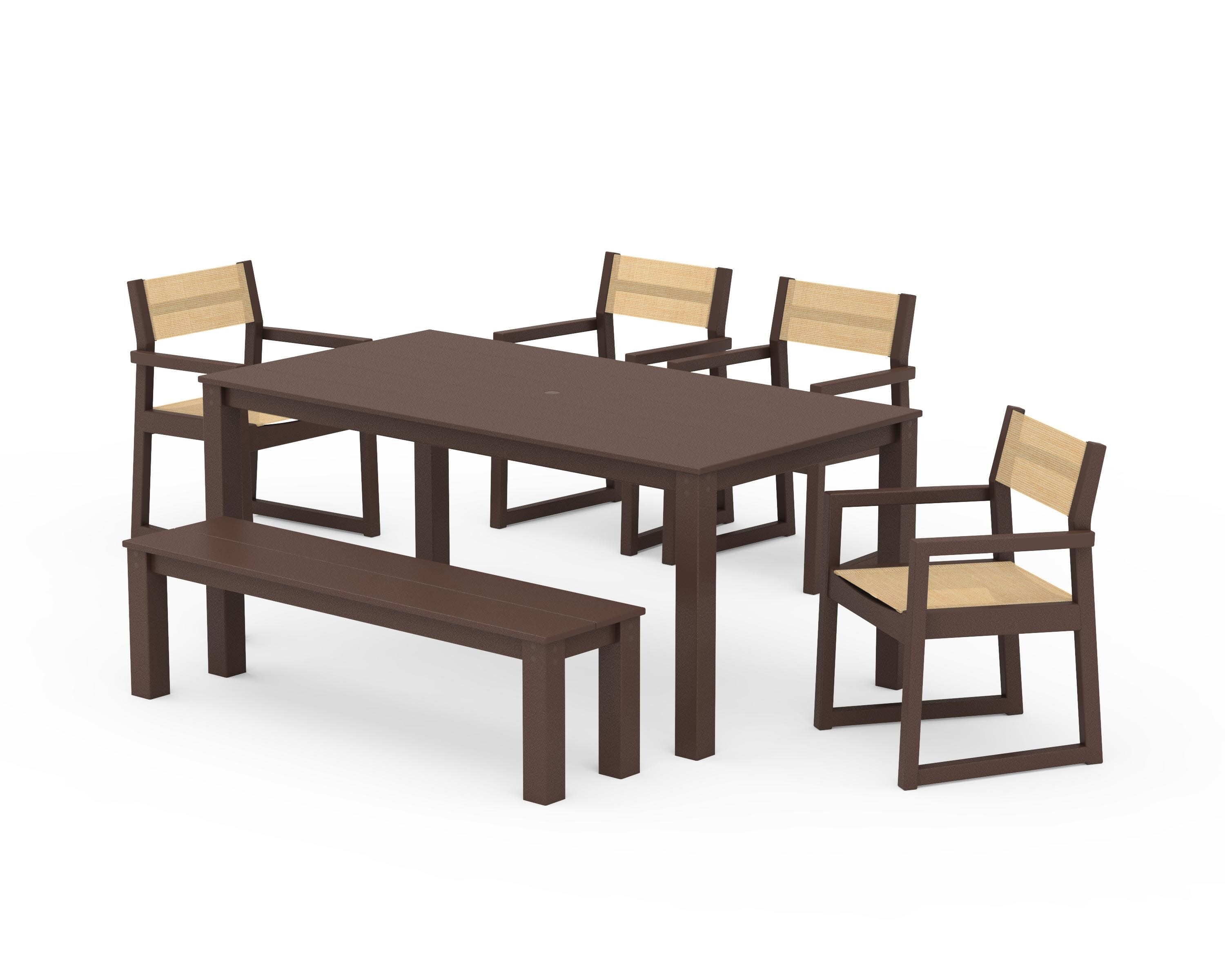 EDGE Sling Arm Chair 6-Piece Parsons Dining Set with Bench in Mahogany / Dupioni Apricot Sling
