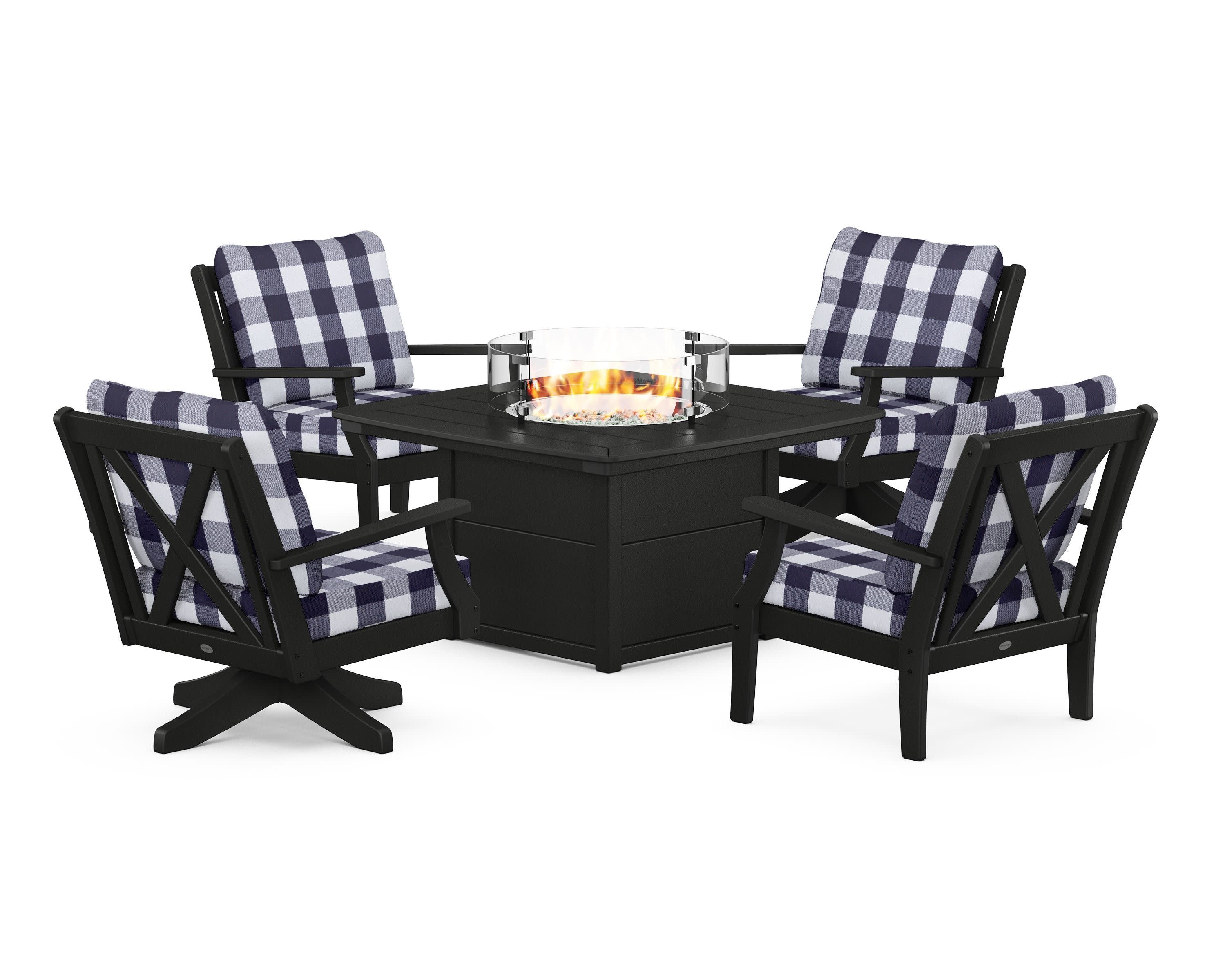 Braxton 5-Piece Deep Seating Set with Fire Table in Black / Buffalo Plaid Navy