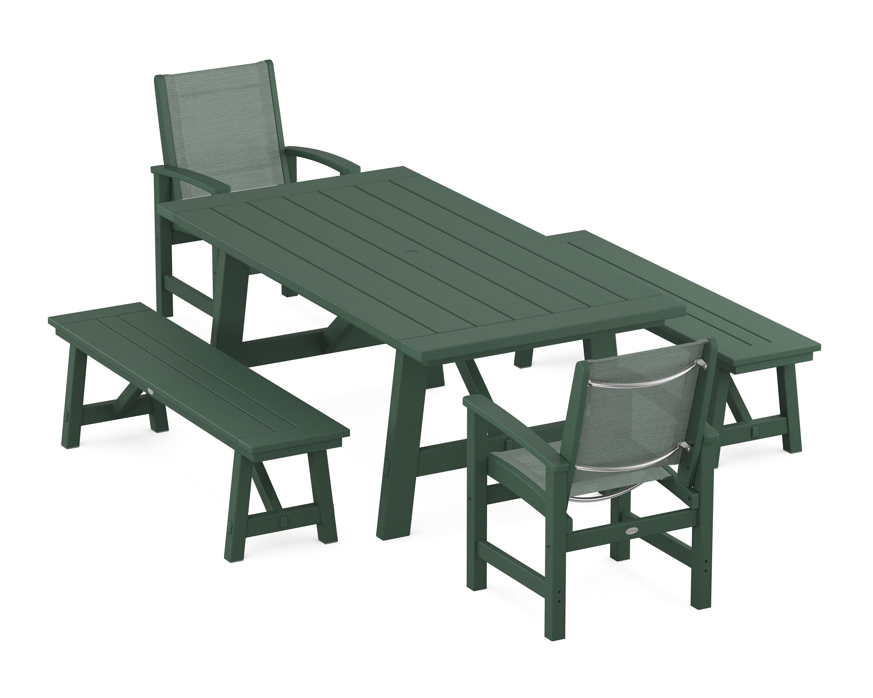 Coastal 5-Piece Rustic Farmhouse Dining Set With Benches in Green / Dupioni Sea Mist Sling