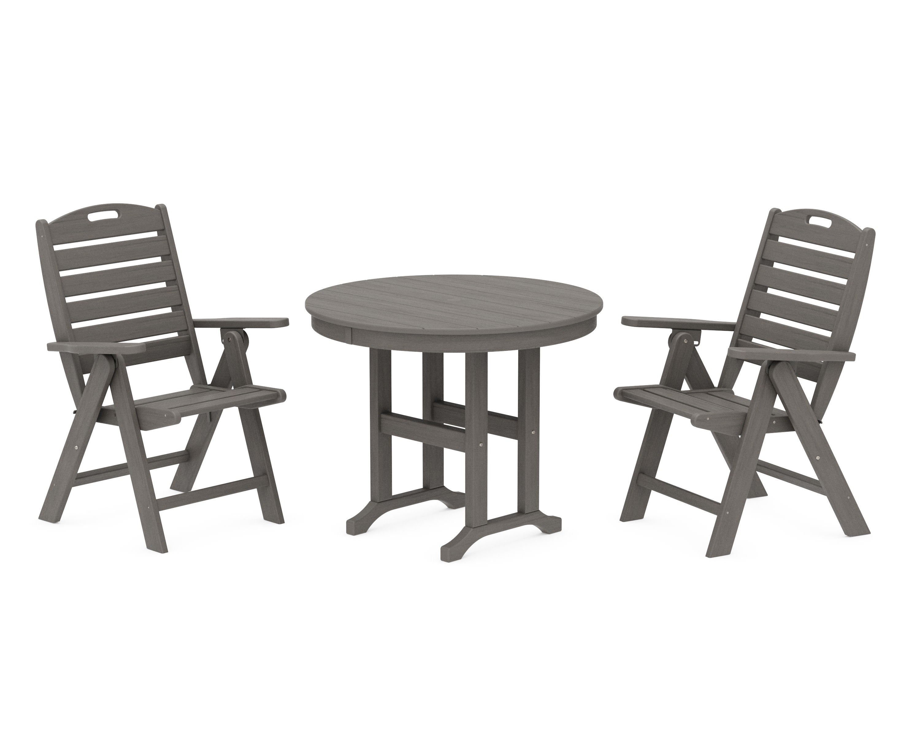 Nautical Folding Highback Chair 3-Piece Round Dining Set in Driftwood