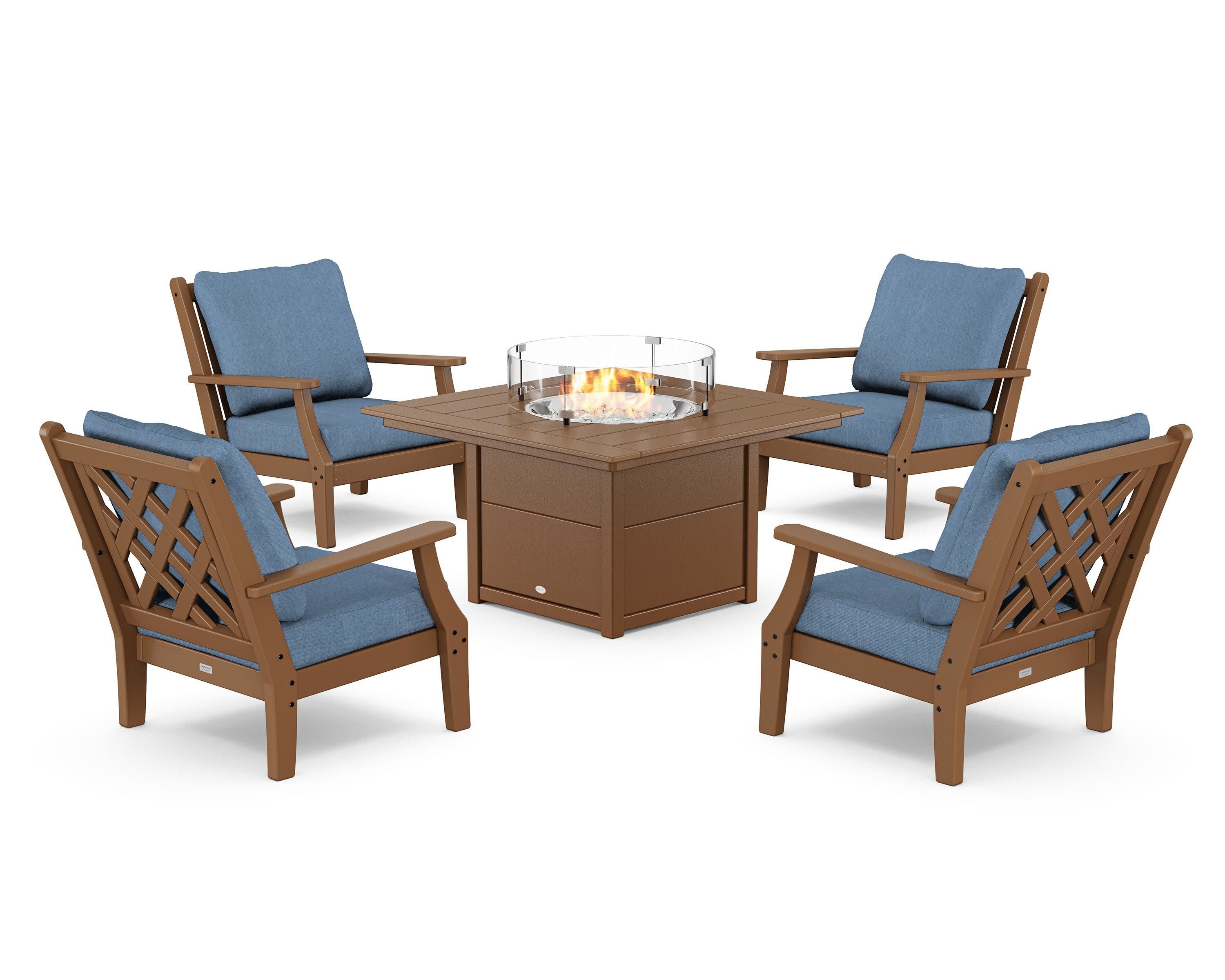 Wovendale 5-Piece Deep Seating Set with Fire Pit Table in Teak / Sky Blue