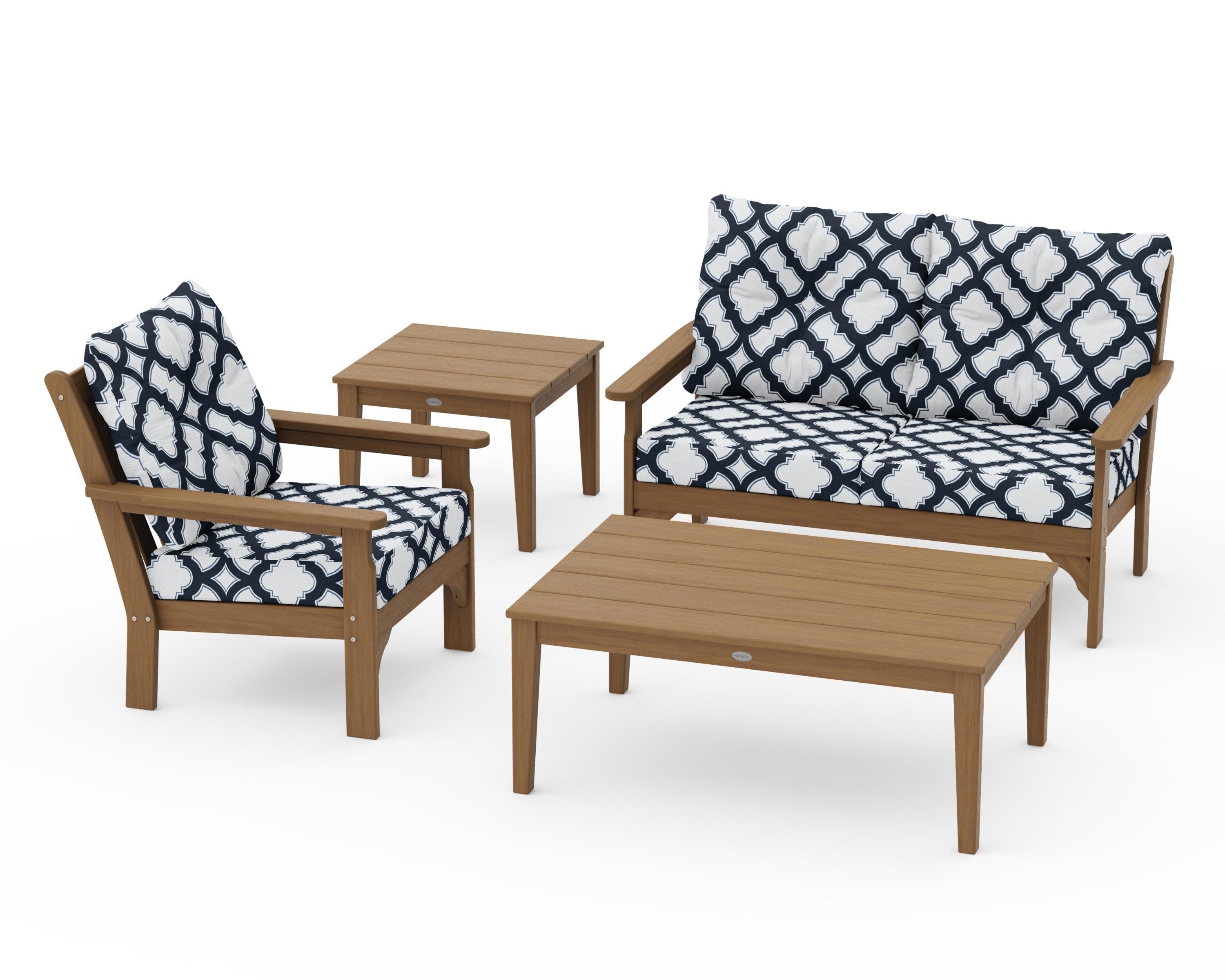 Vineyard 4-Piece Deep Seating Set in Natural / Trellis Marine Indigo