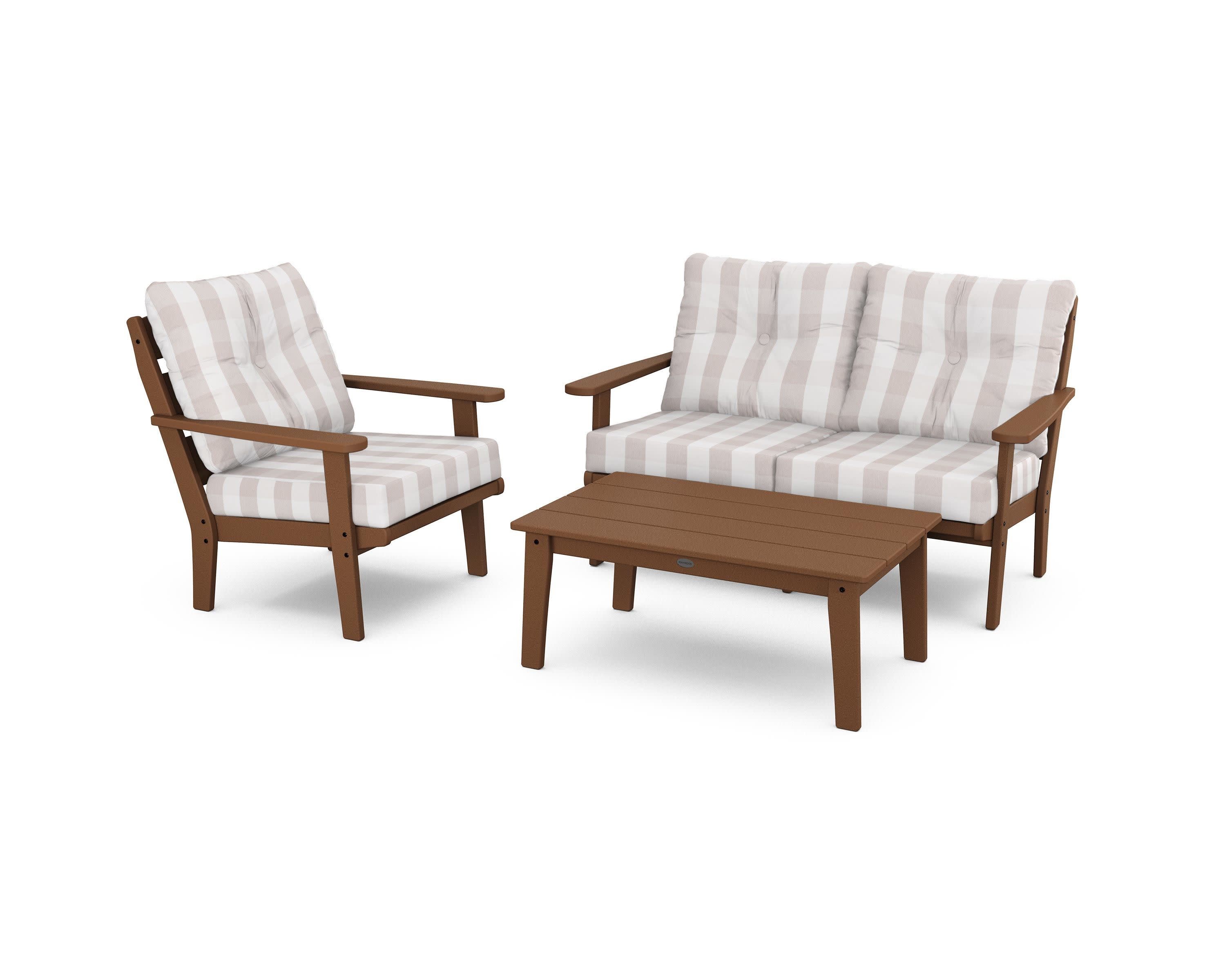Lakeside 3-Piece Deep Seating Set in Teak / Buffalo Plaid Dune Burlap