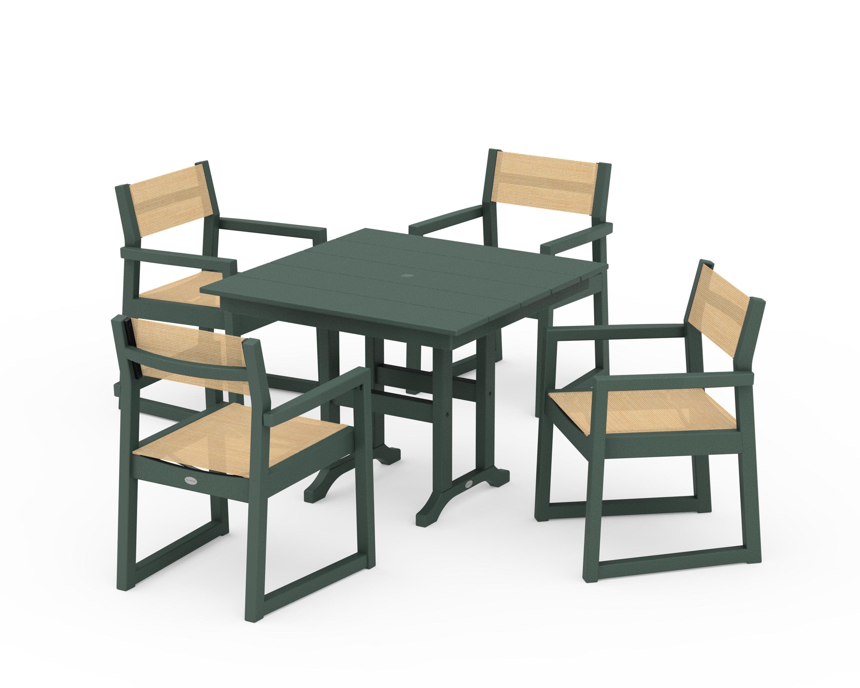 EDGE Sling Arm Chair 5-Piece Farmhouse Dining Set in Green / Dupioni Apricot Sling
