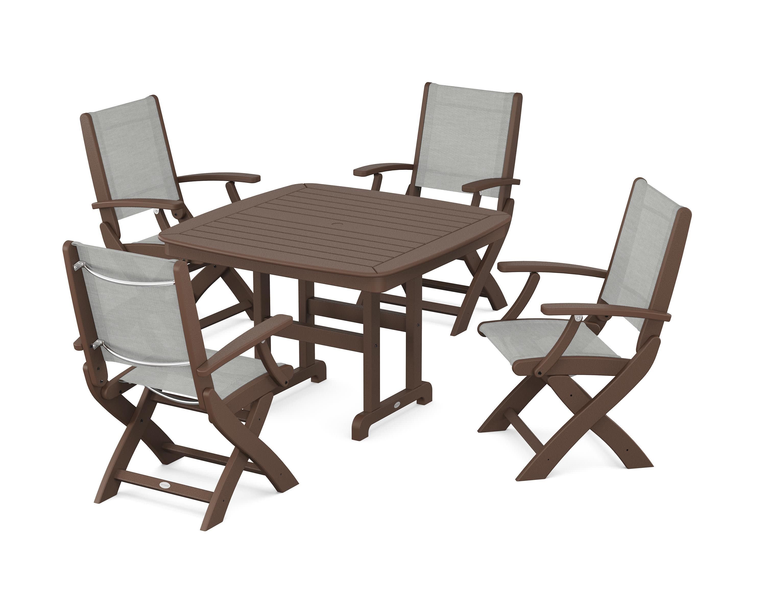 Coastal Folding Chair 5-Piece Dining Set in Mahogany / Metallic Sling