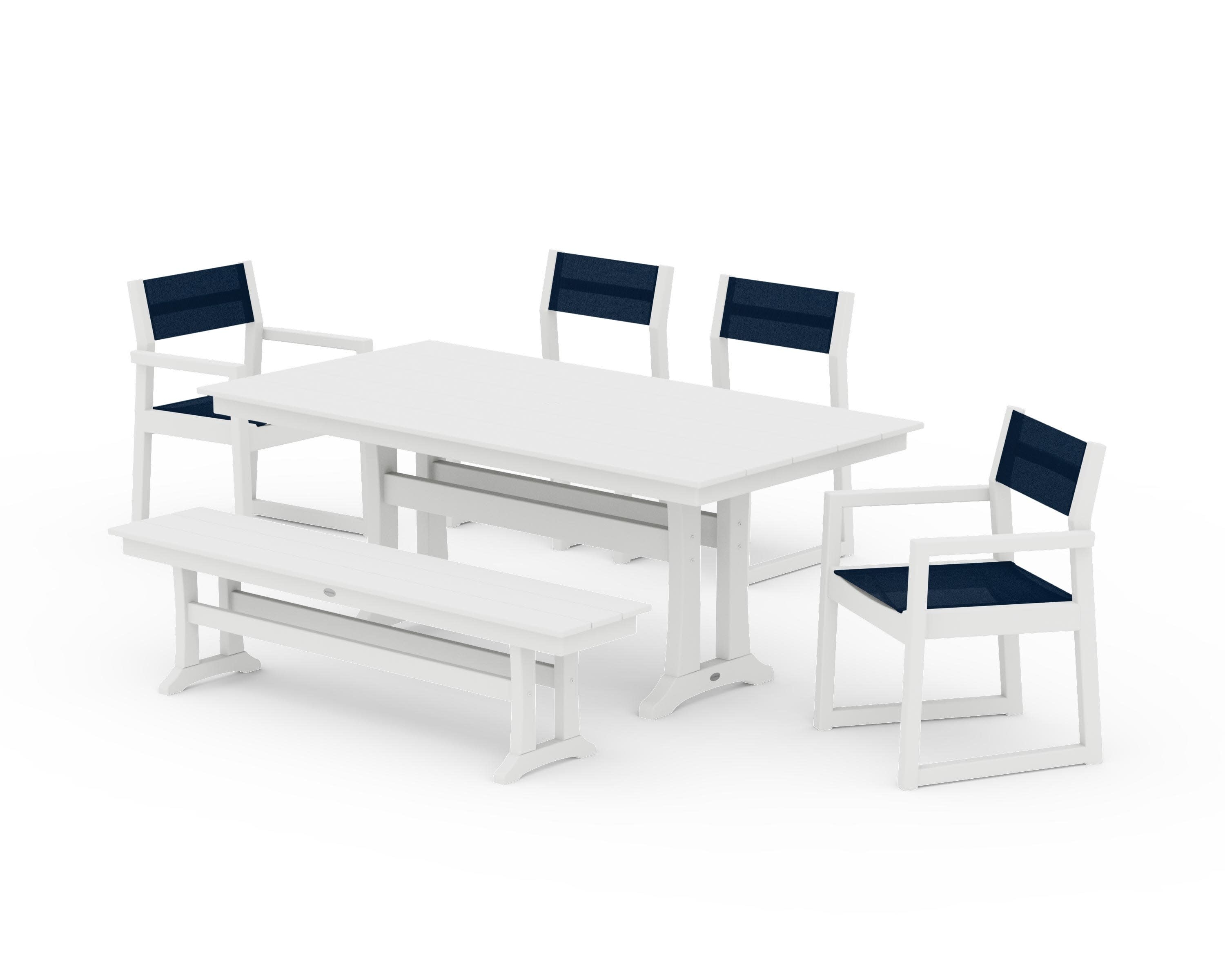 EDGE Sling 6-Piece Farmhouse Dining Set With Trestle Legs in White / Navy Blue Sling