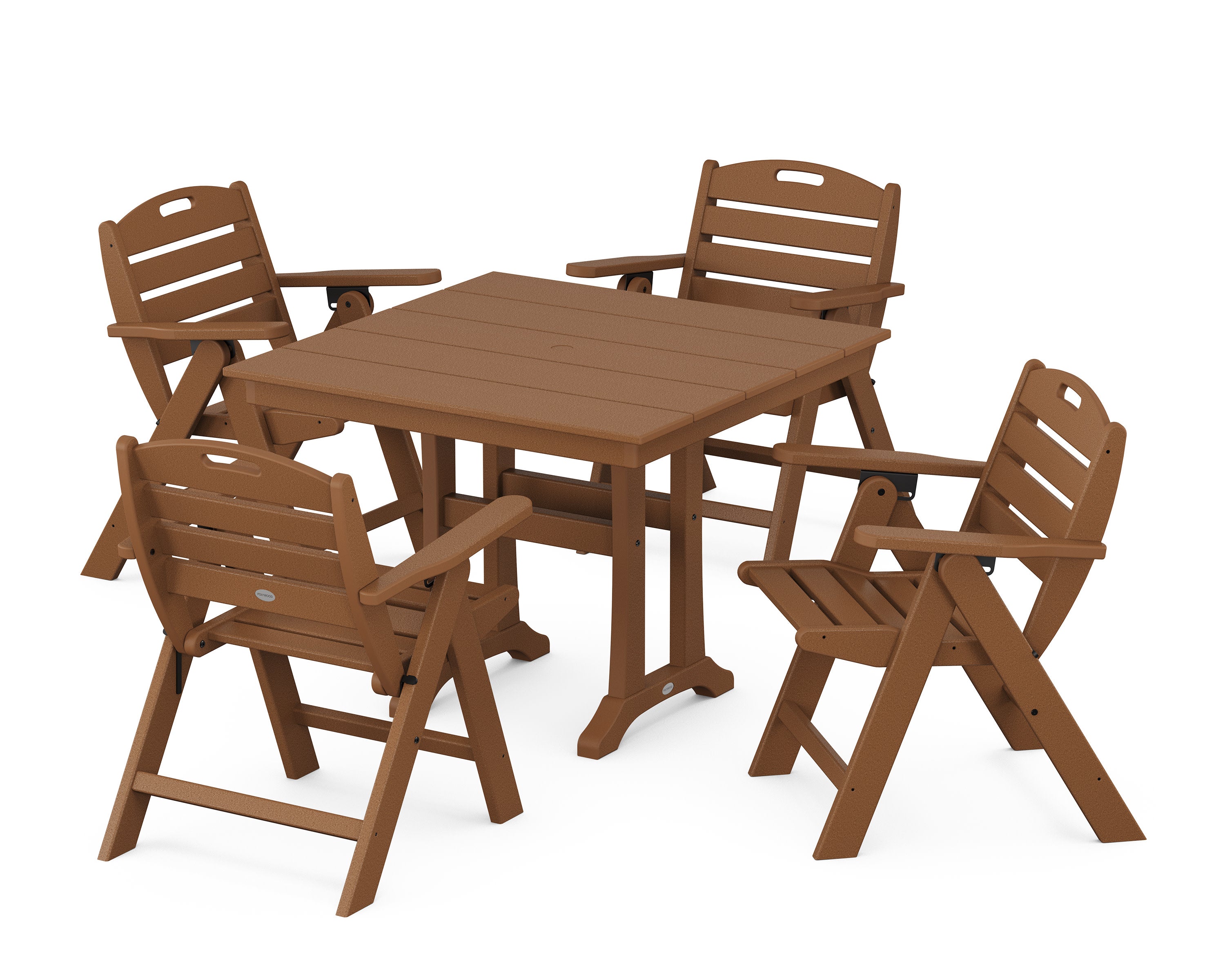 Nautical Folding Lowback Chair 5-Piece Farmhouse Dining Set With Trestle Legs in Teak