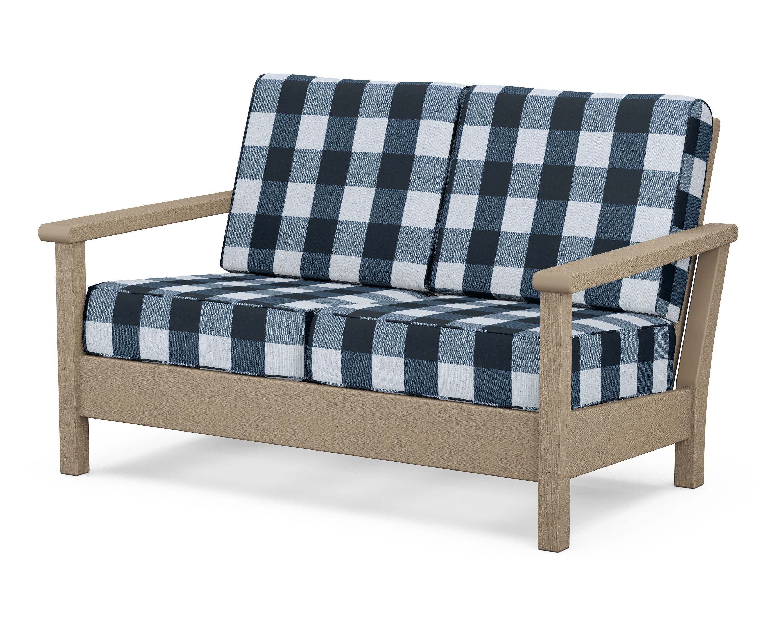 Harbour Deep Seating Loveseat in Vintage Sahara / Buffalo Plaid Marine Indigo