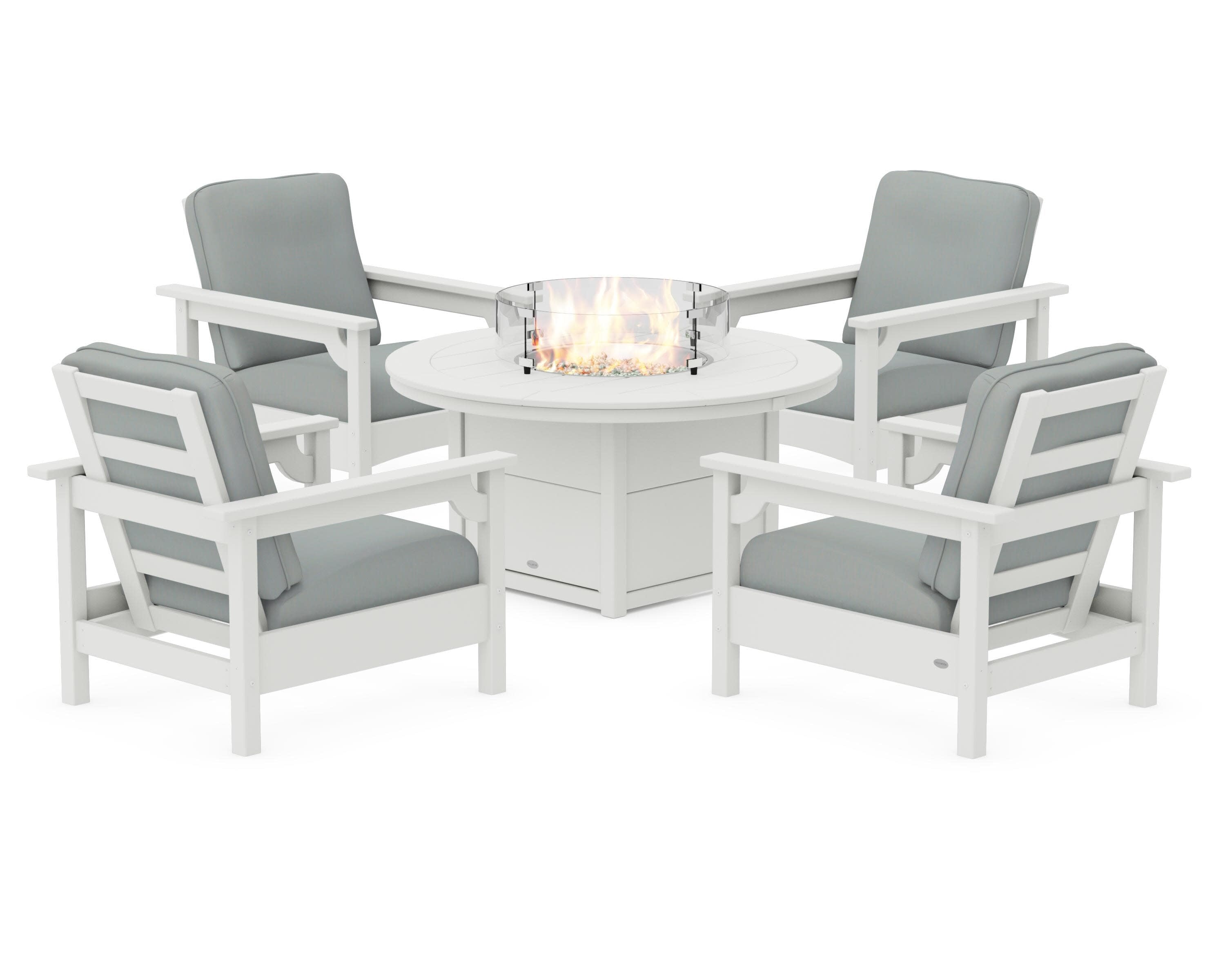 Club 5-Piece Conversation Set with Fire Pit Table in Vintage White / Spa