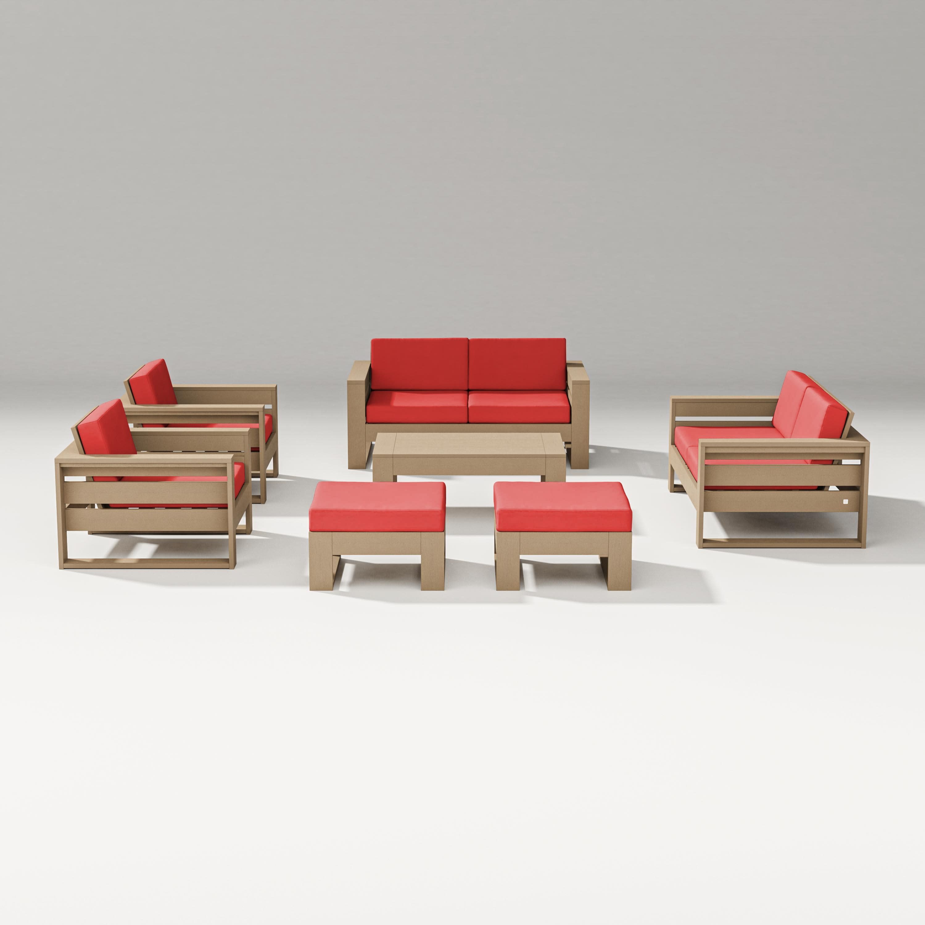 Latitude 7-Piece Lounge Loveseat Set in Vintage Sahara / Crimson Linen