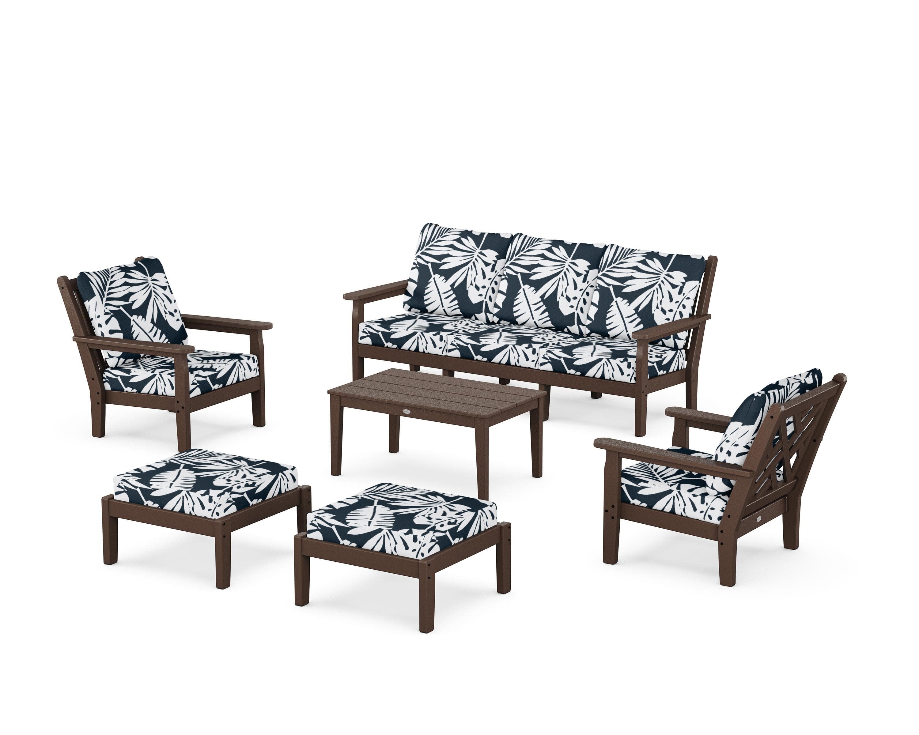 Chippendale 6-Piece Lounge Sofa Set in Mahogany / Leaf Marine Indigo