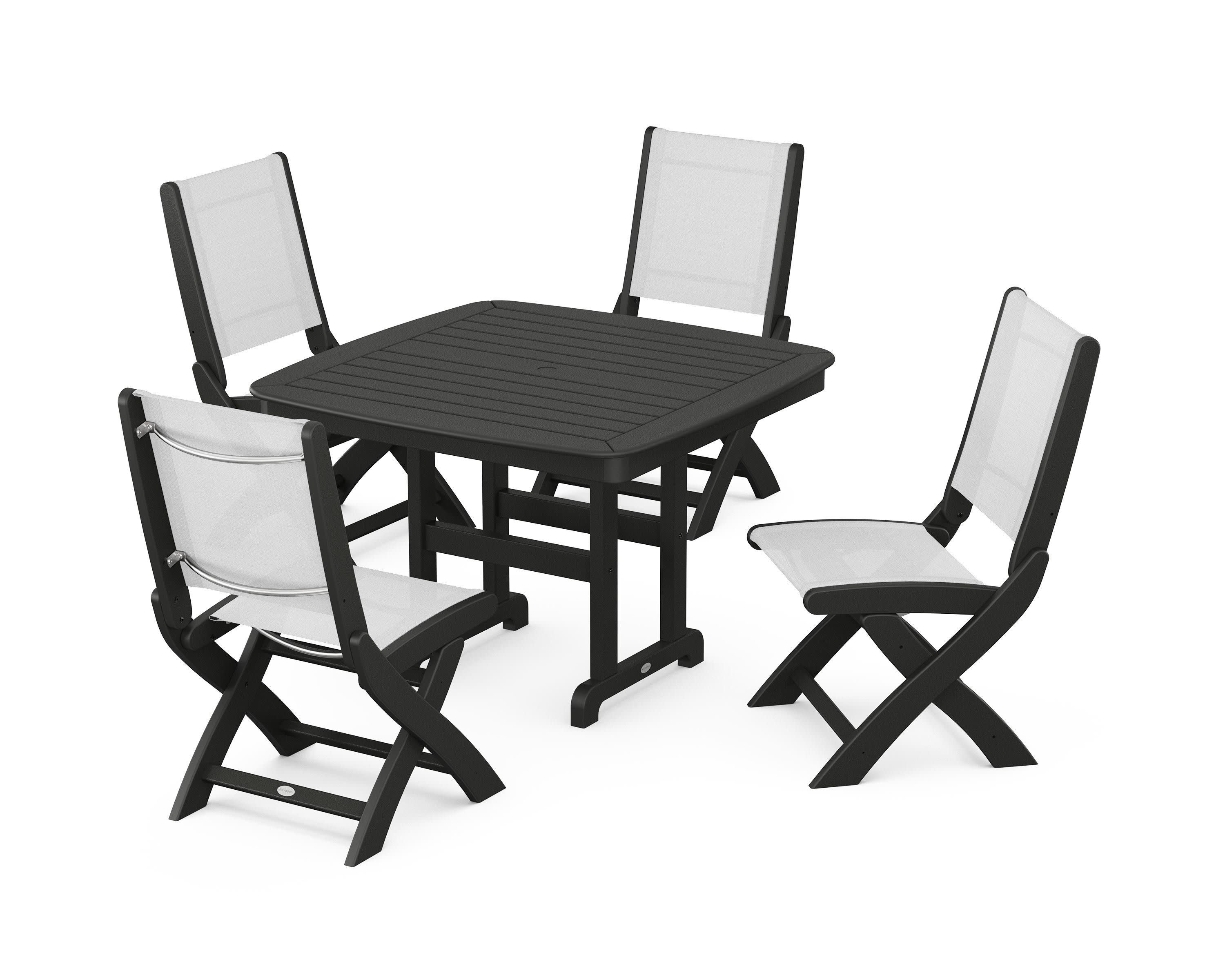 Coastal Folding Side Chair 5-Piece Dining Set in Black / White Sling
