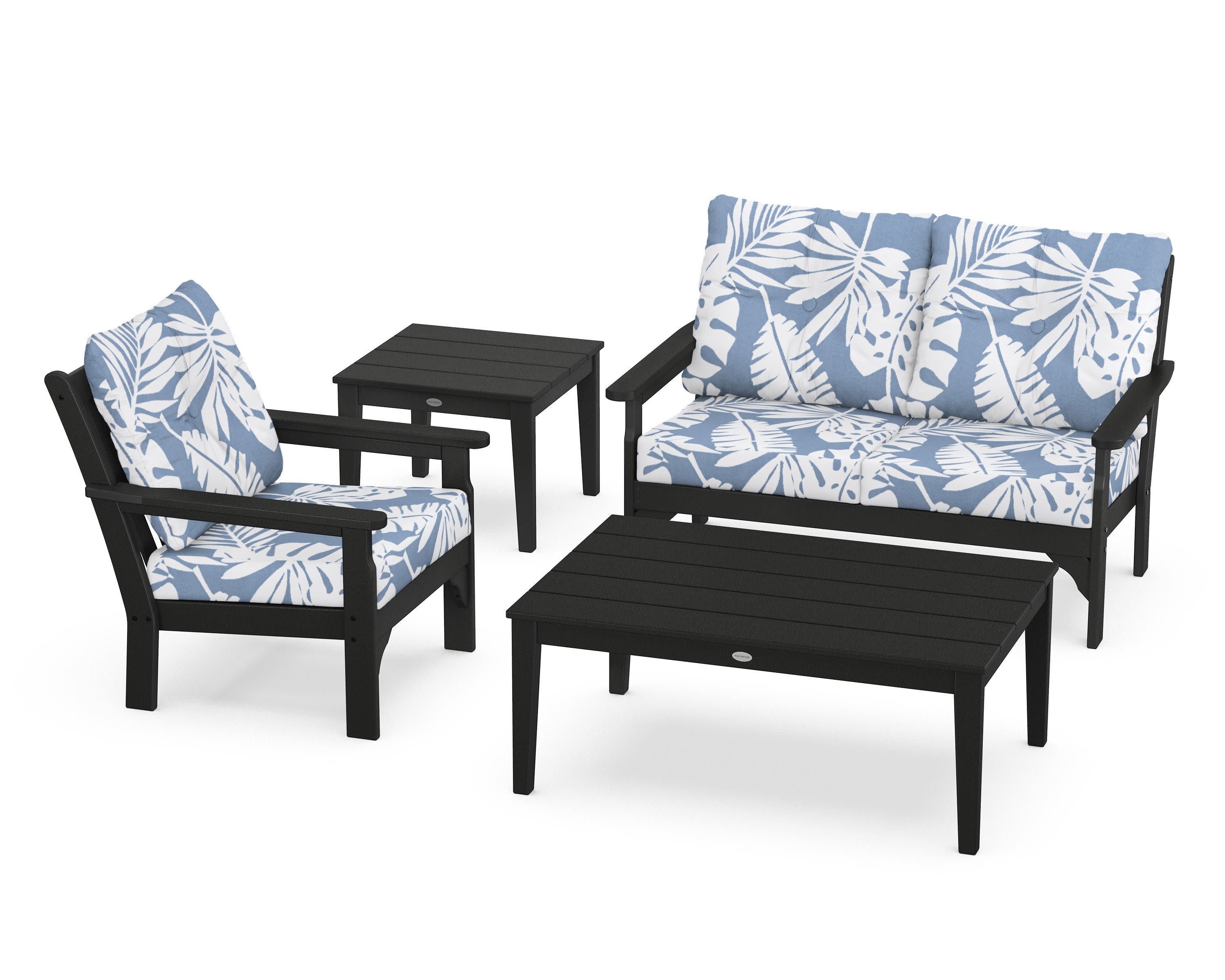 Vineyard 4-Piece Deep Seating Set in Black / Leaf Sky Blue