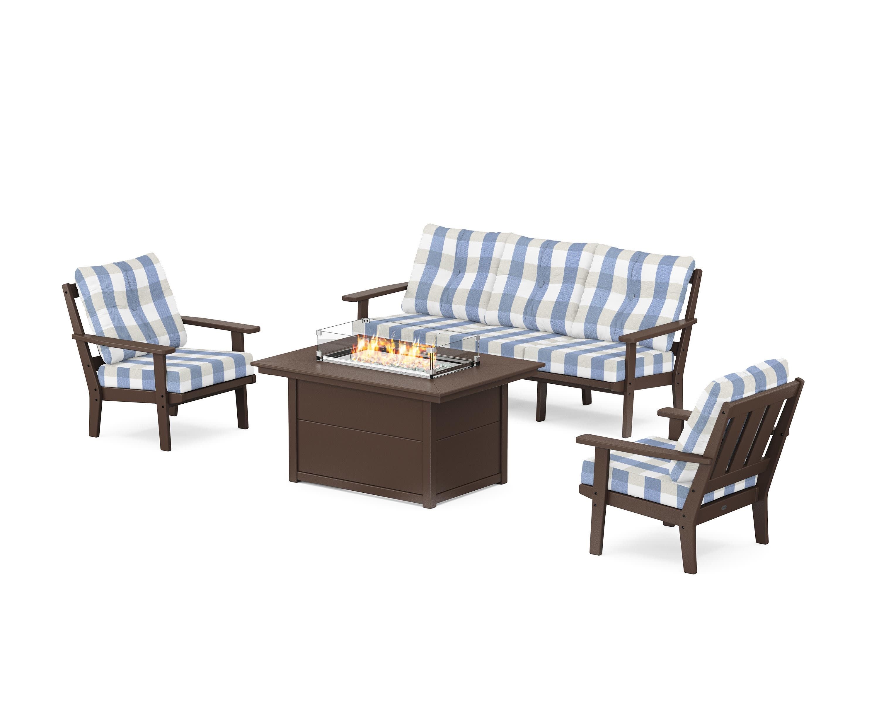Oxford Deep Seating Fire Pit Table Set in Mahogany / Buffalo Plaid Sky Blue