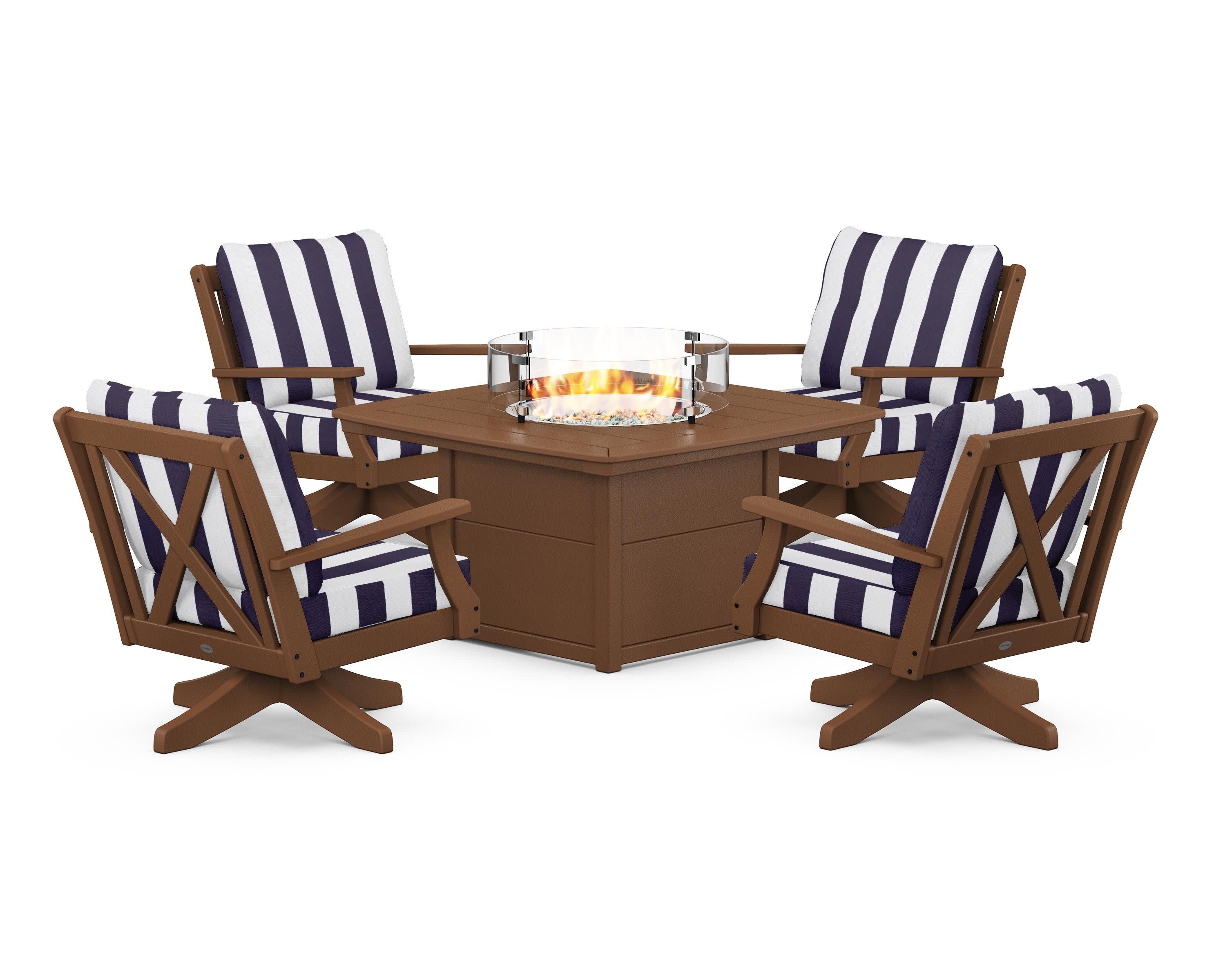 Braxton 5-Piece Deep Seating Swivel Conversation Set with Fire Pit Table in Teak / Cabana Stripe Navy
