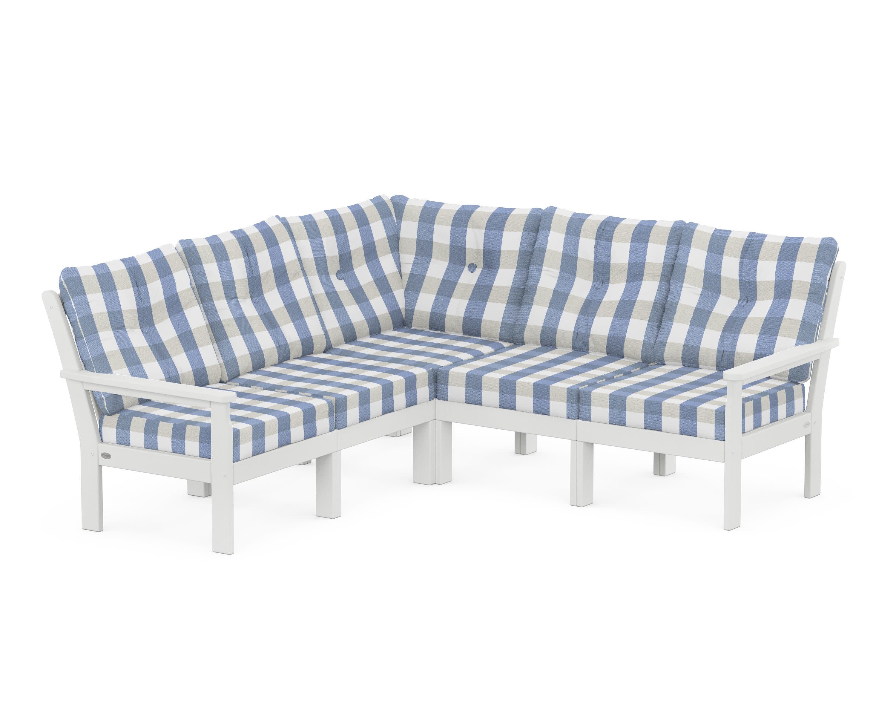 Vineyard 5-Piece Sectional in White / Buffalo Plaid Sky Blue