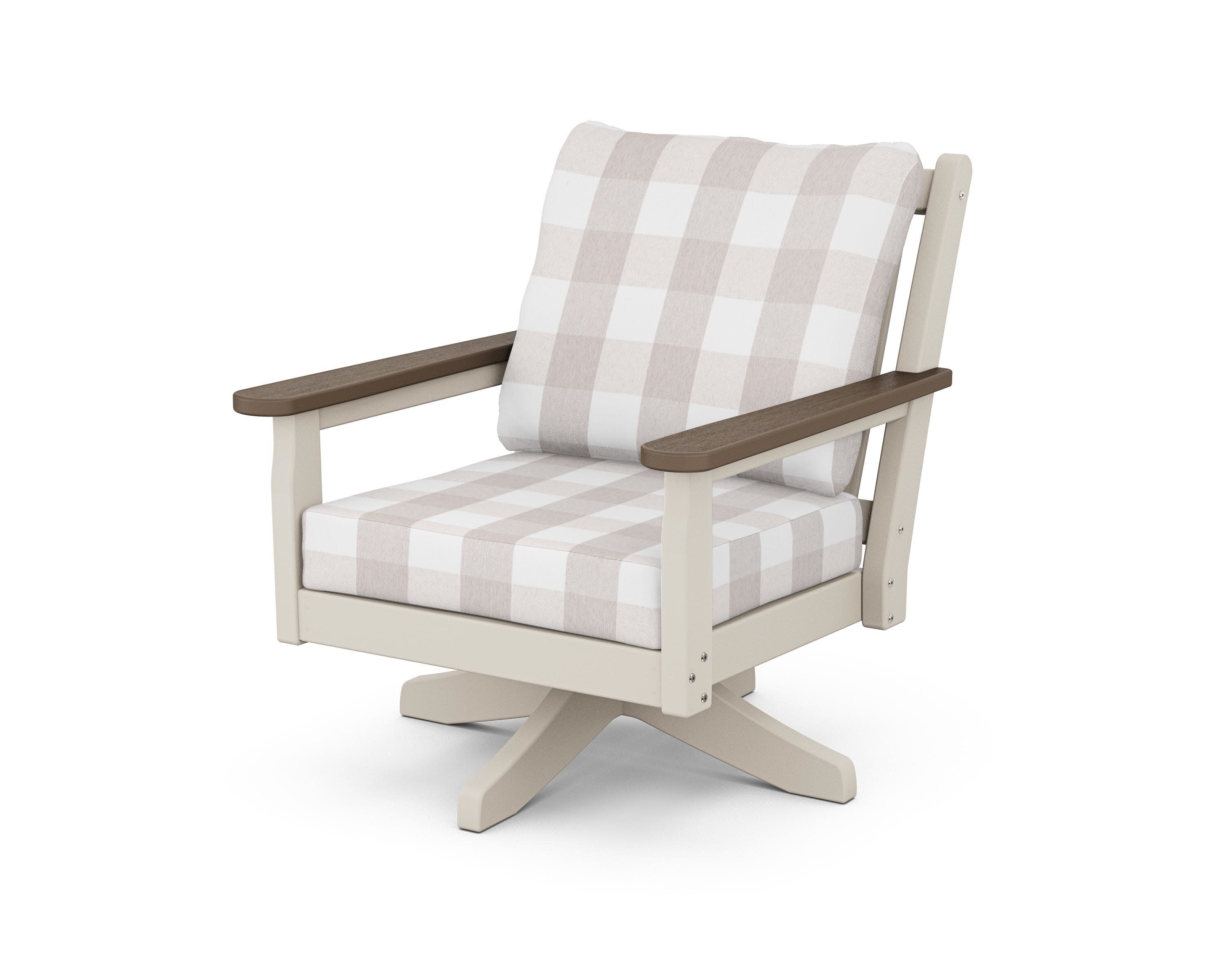 Chippendale Deep Seating Swivel Chair in Sand / Kona / Buffalo Plaid Dune Burlap