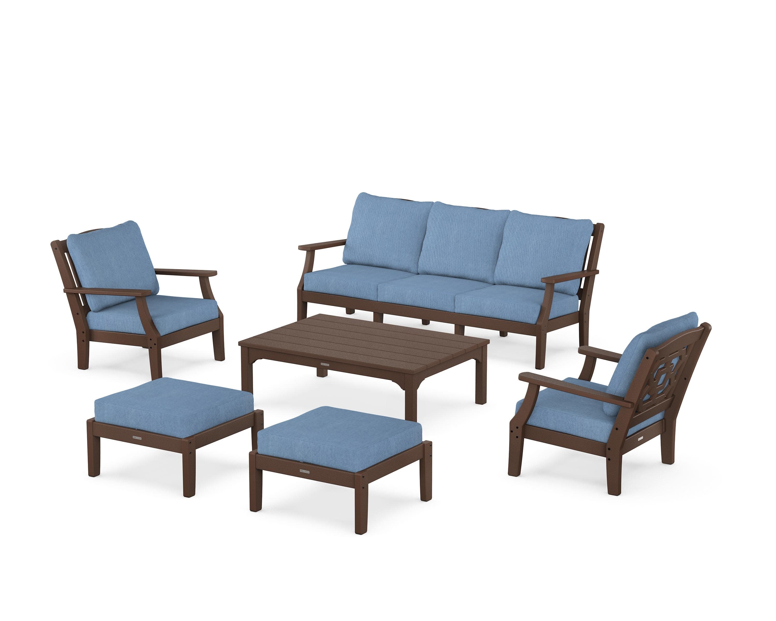 Chinoiserie 6-Piece Lounge Sofa Set in Mahogany / Sky Blue