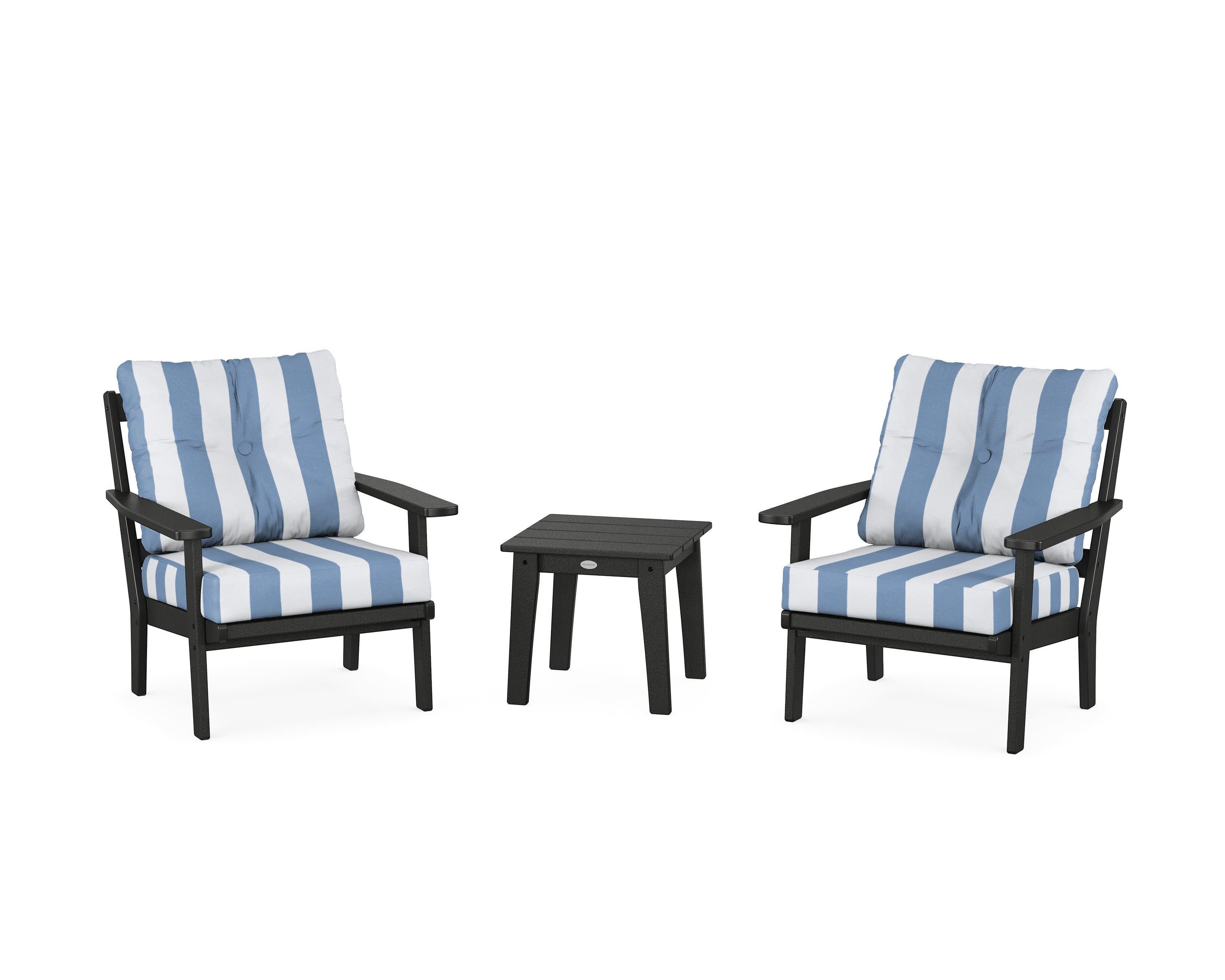 Oxford 3-Piece Deep Seating Set in Black / Cabana Stripe Sky Blue