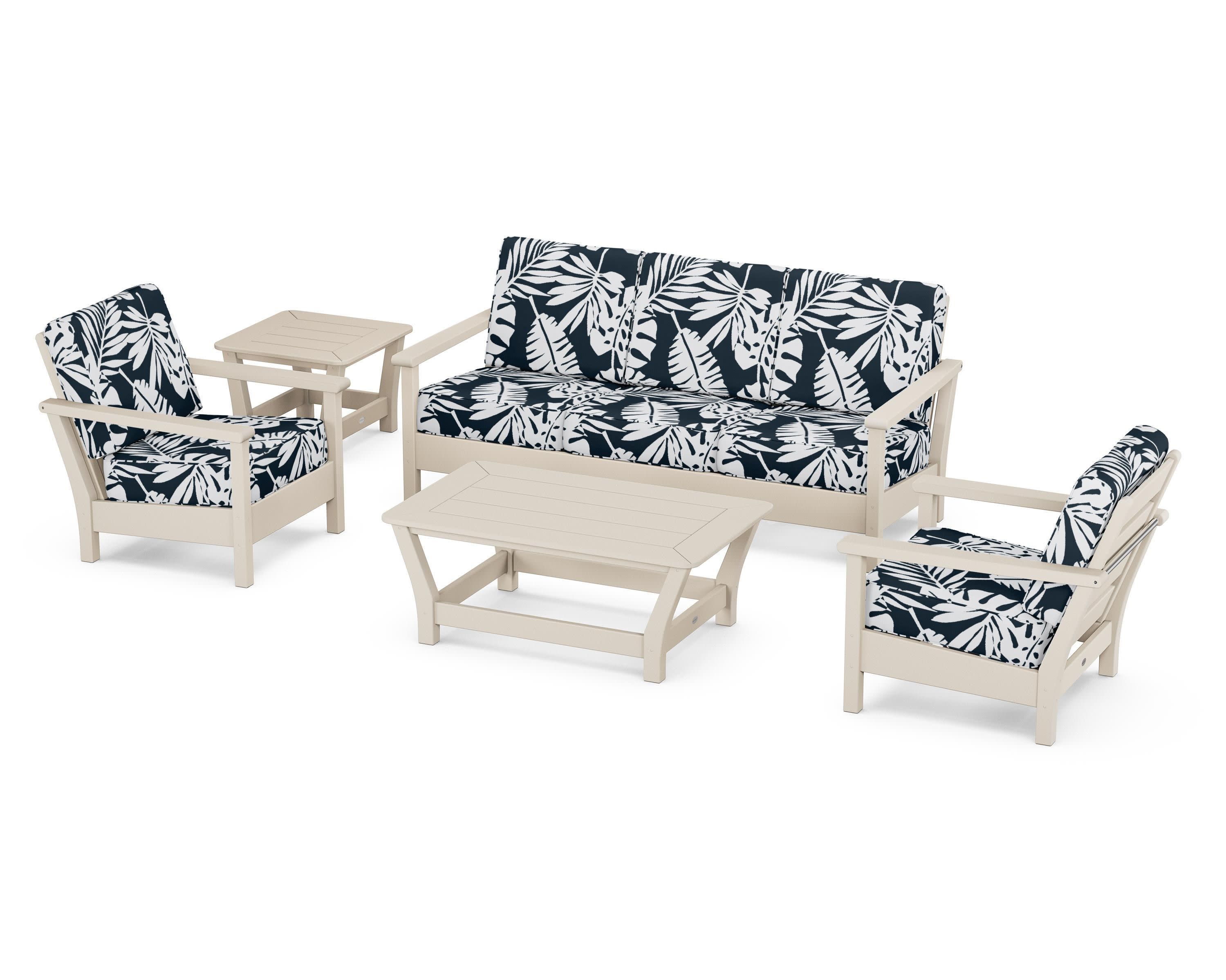 Harbour 5-Piece Deep Seating Set in Sand / Leaf Marine Indigo